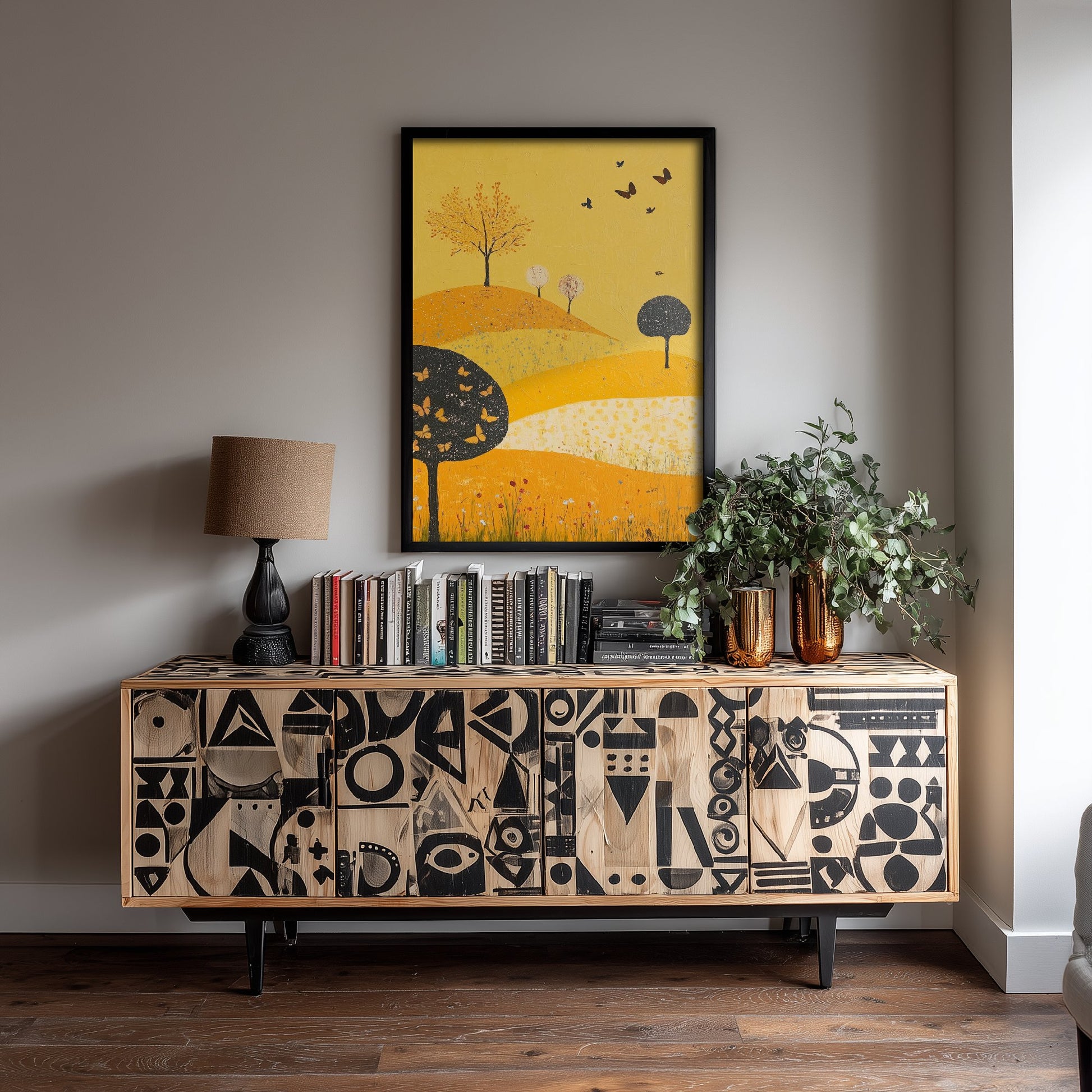 Rolling Hills Landscape Art Print - Butterfly Meadow Poster - Folk Art Painting - Dark Yellow 1/3