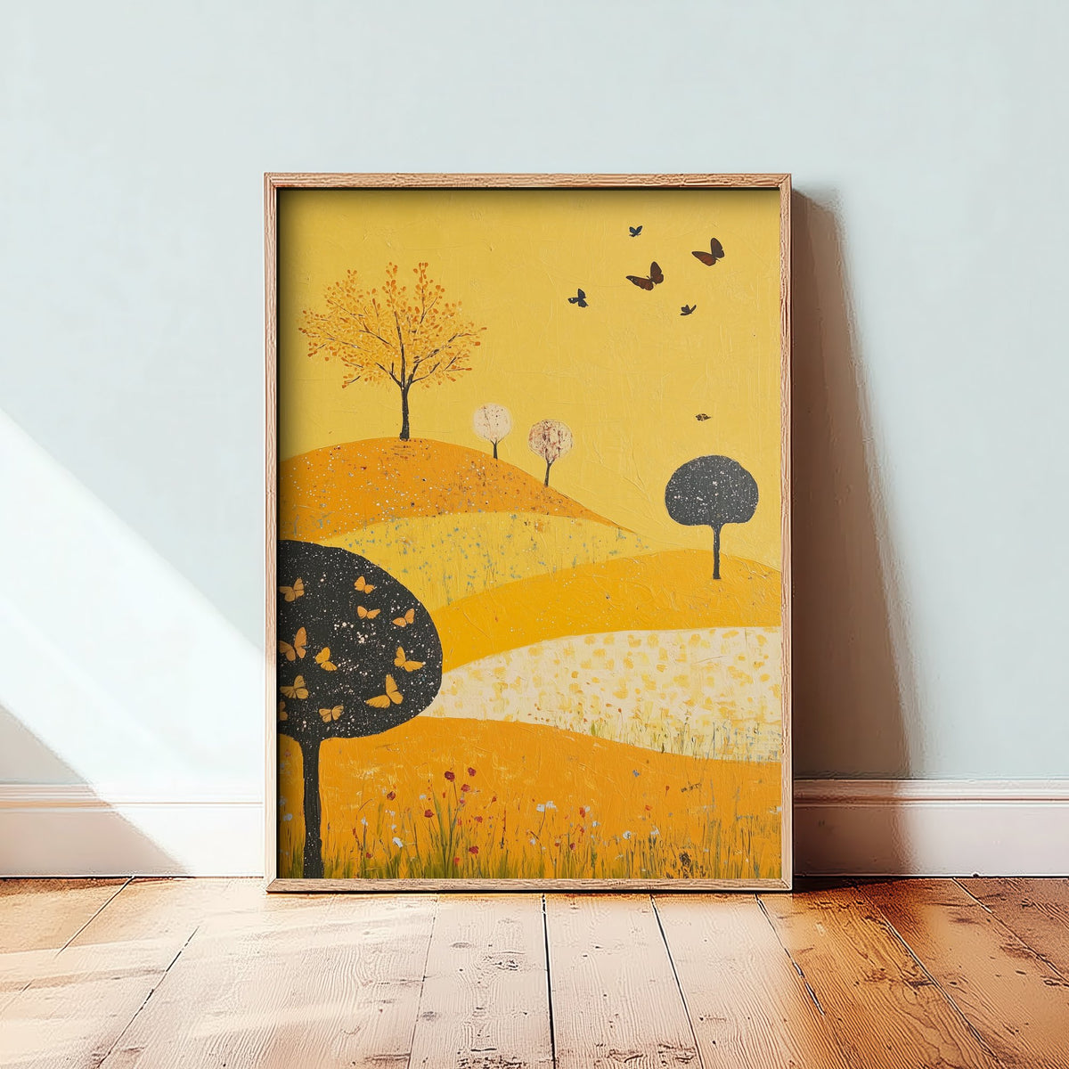 Rolling Hills Landscape Art Print - Butterfly Meadow Poster - Folk Art Painting - Dark Yellow 1/3