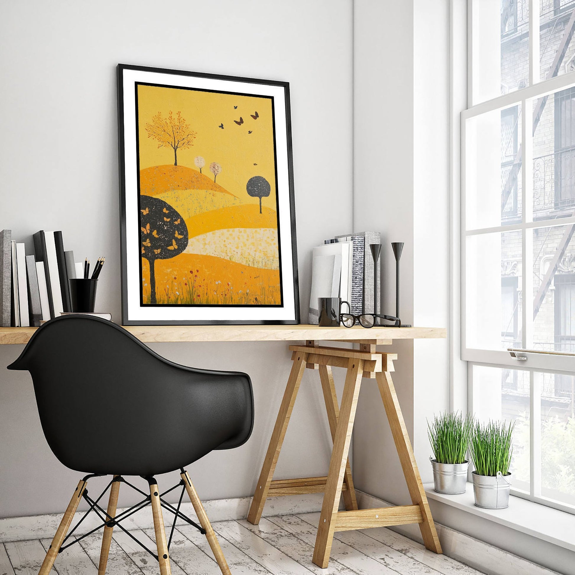 Rolling Hills Landscape Art Print - Butterfly Meadow Poster - Folk Art Painting - Dark Yellow 1/3