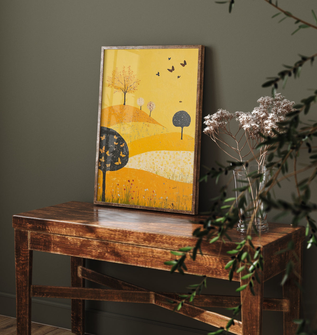 Rolling Hills Landscape Art Print - Butterfly Meadow Poster - Folk Art Painting - Dark Yellow 1/3