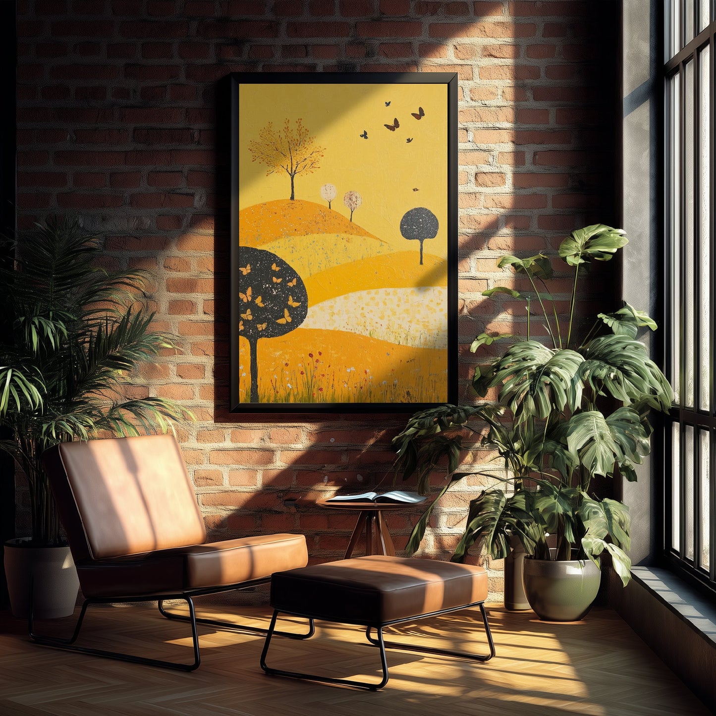 Rolling Hills Landscape Art Print - Butterfly Meadow Poster - Folk Art Painting - Dark Yellow 1/3