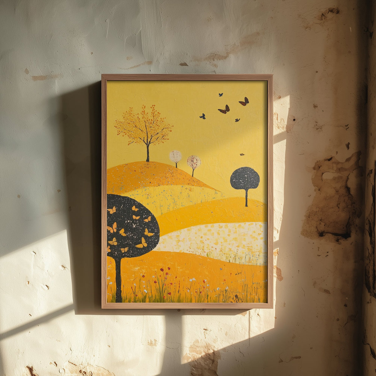 Rolling Hills Landscape Art Print - Butterfly Meadow Poster - Folk Art Painting - Dark Yellow 1/3