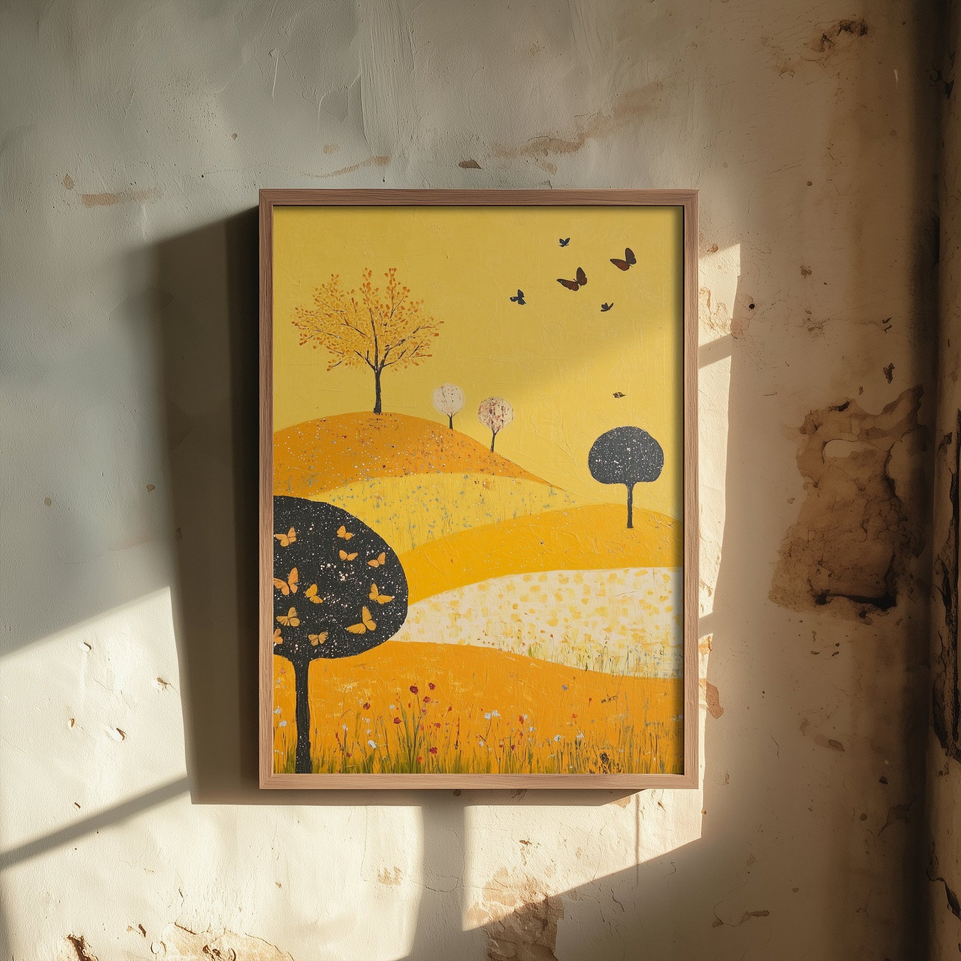 Rolling Hills Landscape Art Print - Butterfly Meadow Poster - Folk Art Painting - Dark Yellow 1/3