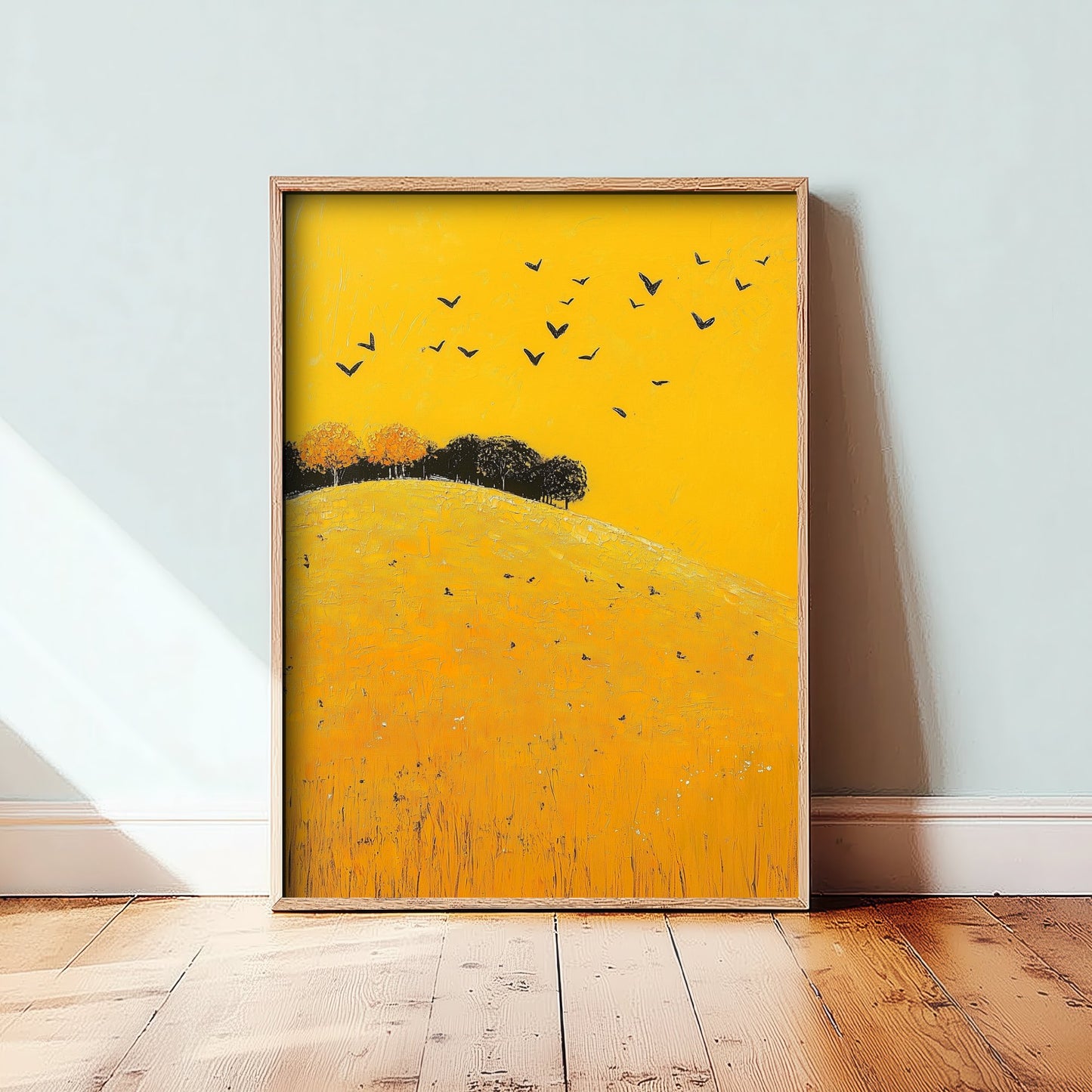 Rolling Hills Landscape Art Print - Butterfly Meadow Poster - Folk Art Painting - Dark Yellow 2/3