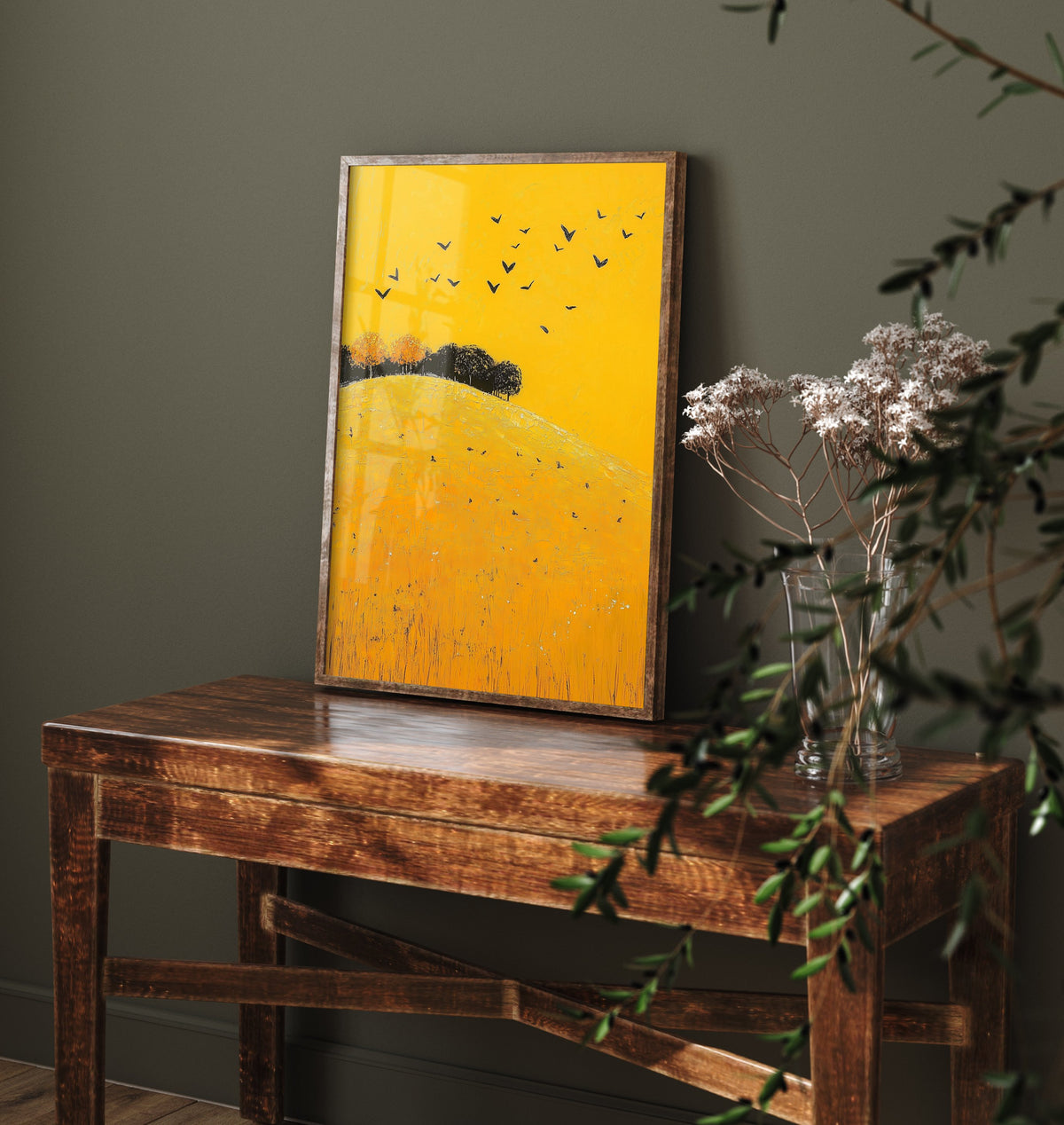 Rolling Hills Landscape Art Print - Butterfly Meadow Poster - Folk Art Painting - Dark Yellow 2/3
