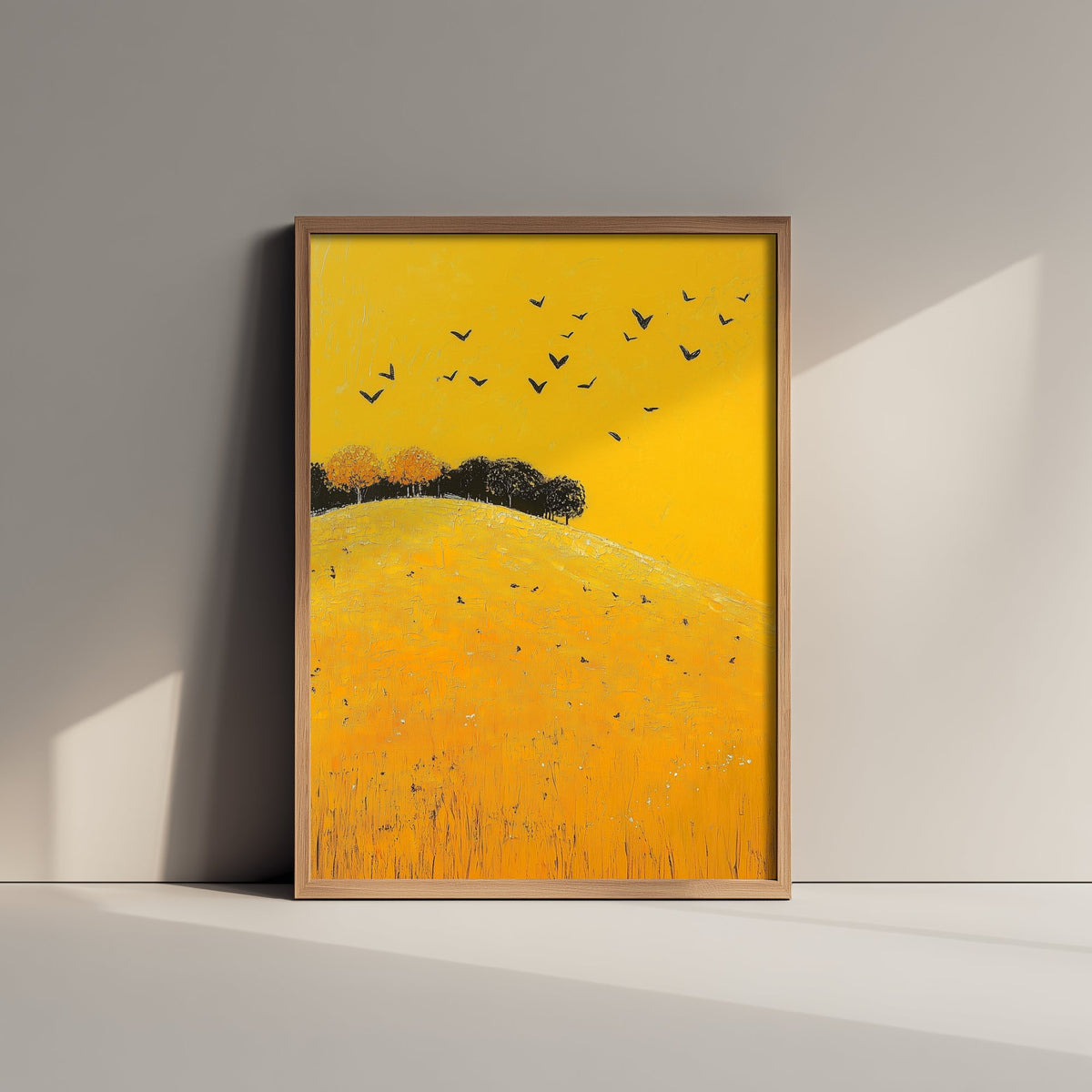 Rolling Hills Landscape Art Print - Butterfly Meadow Poster - Folk Art Painting - Dark Yellow 2/3