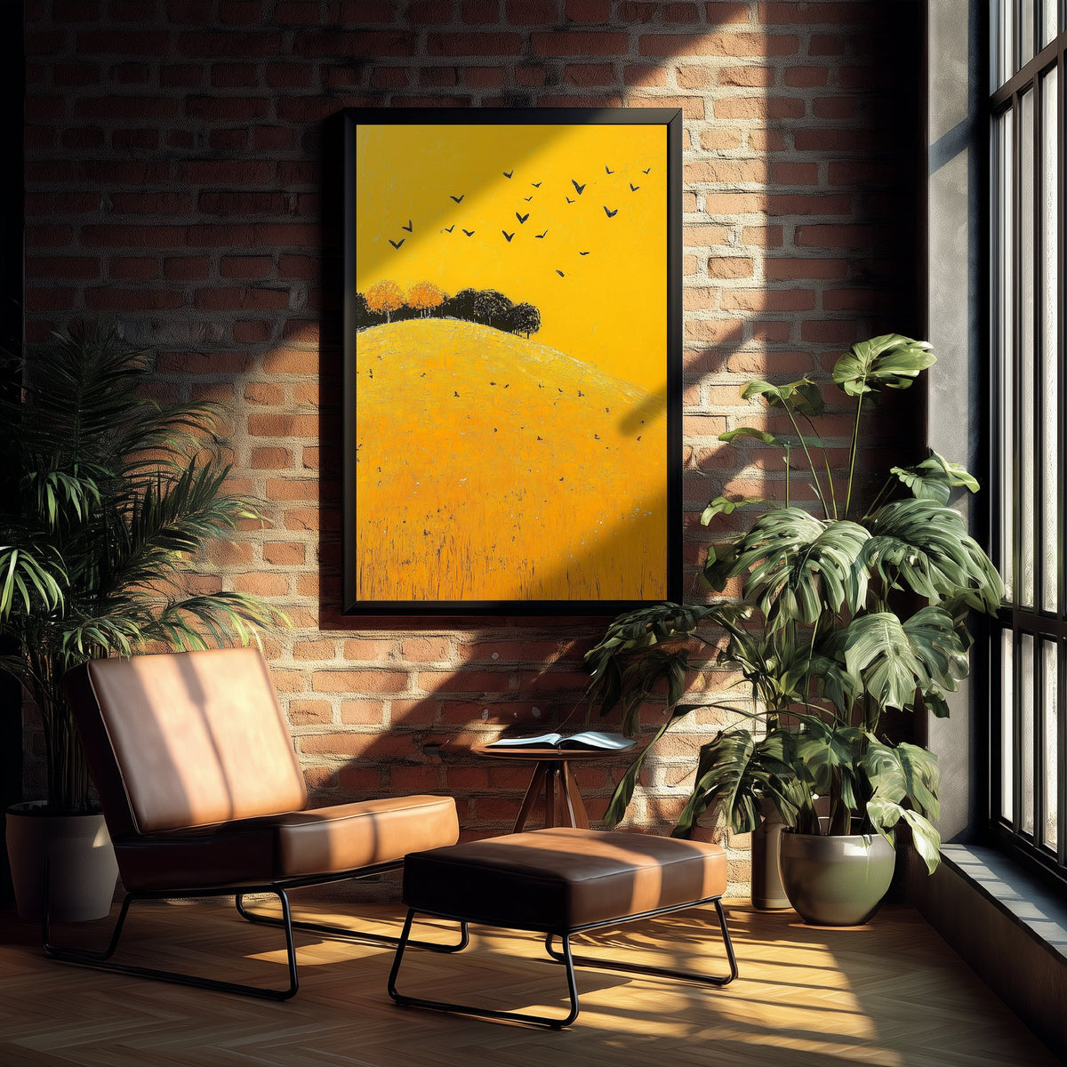 Rolling Hills Landscape Art Print - Butterfly Meadow Poster - Folk Art Painting - Dark Yellow 2/3