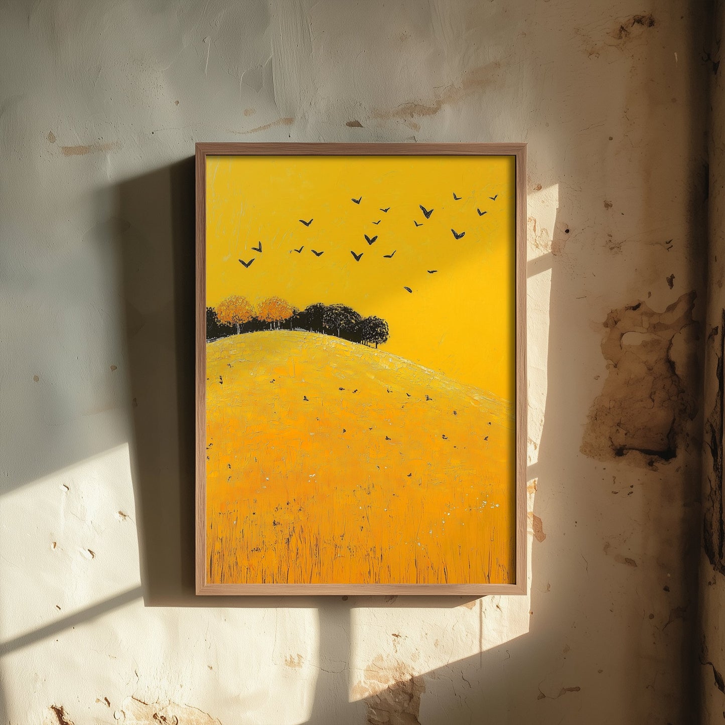 Rolling Hills Landscape Art Print - Butterfly Meadow Poster - Folk Art Painting - Dark Yellow 2/3