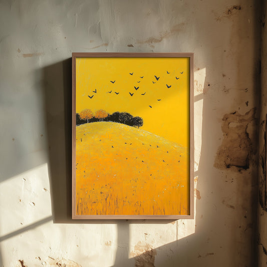 Rolling Hills Landscape Art Print - Butterfly Meadow Poster - Folk Art Painting - Dark Yellow 2/3