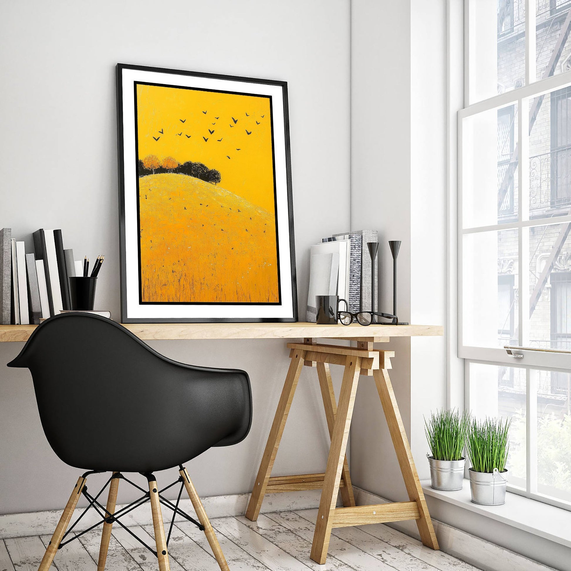 Rolling Hills Landscape Art Print - Butterfly Meadow Poster - Folk Art Painting - Dark Yellow 2/3