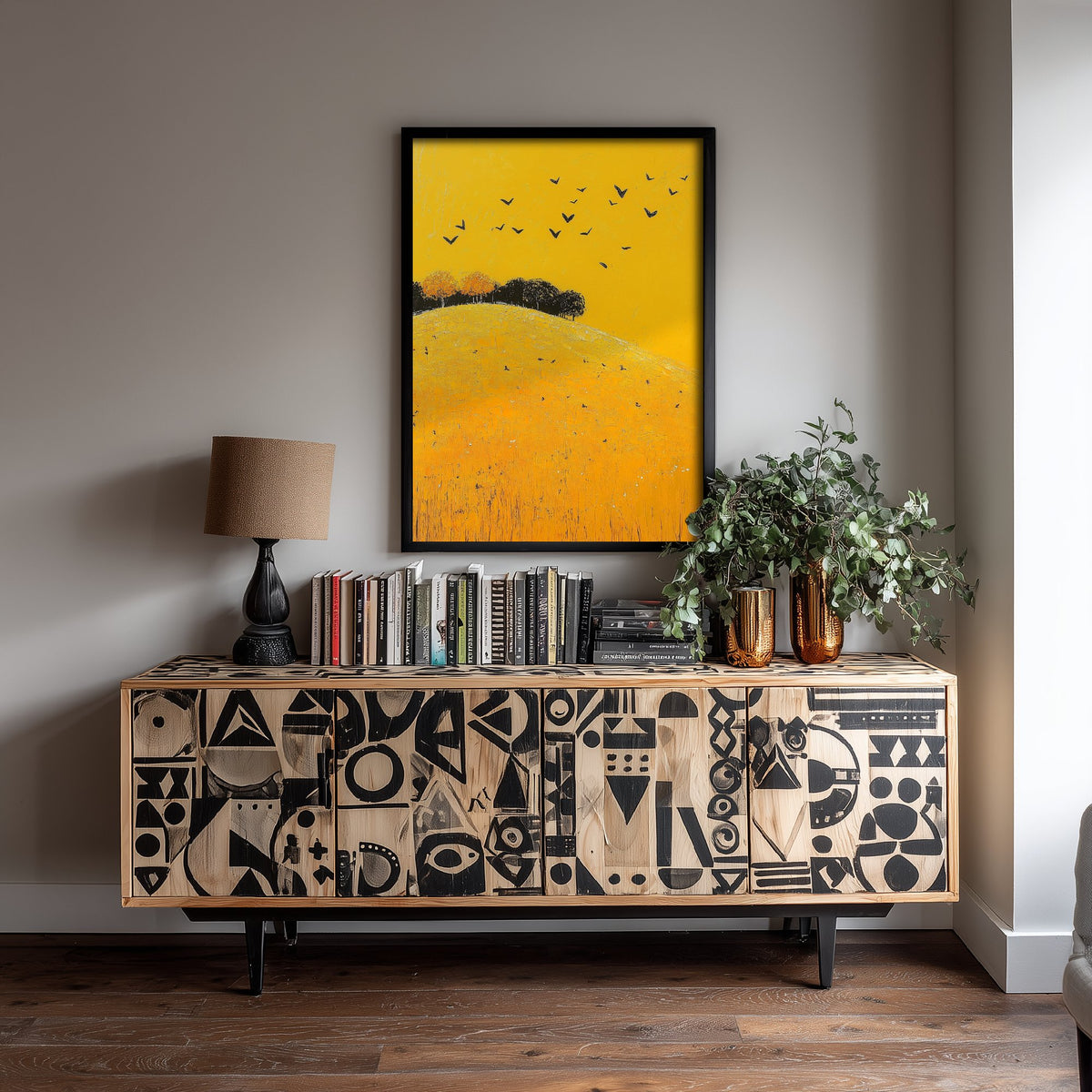Rolling Hills Landscape Art Print - Butterfly Meadow Poster - Folk Art Painting - Dark Yellow 2/3