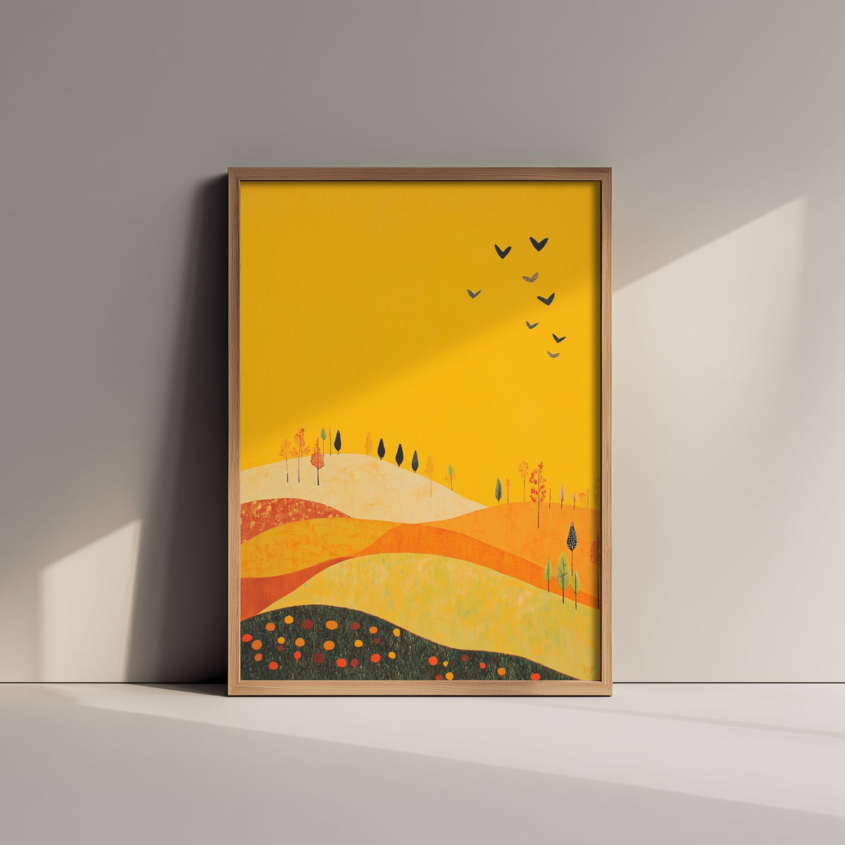 Rolling Hills Landscape Art Print - Butterfly Meadow Poster - Folk Art Painting - Dark Yellow 3/3