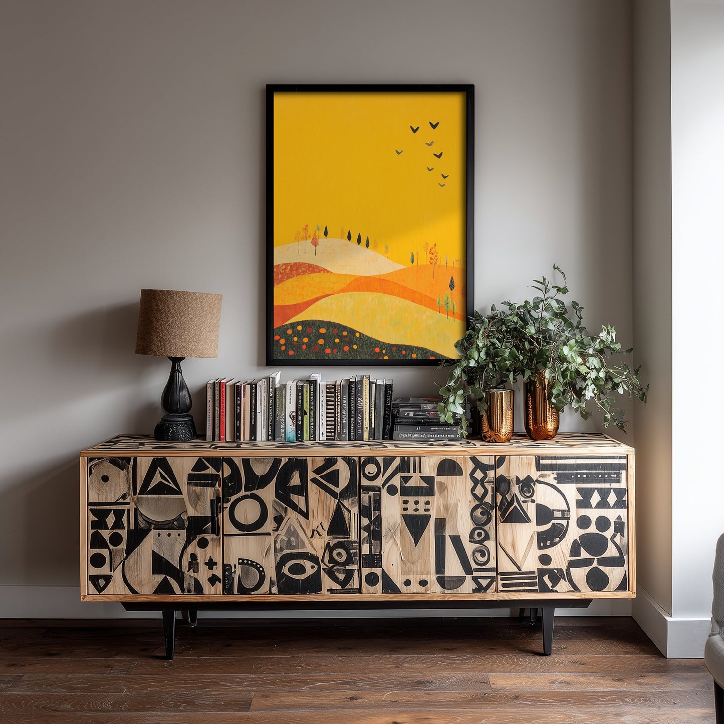 Rolling Hills Landscape Art Print - Butterfly Meadow Poster - Folk Art Painting - Dark Yellow 3/3