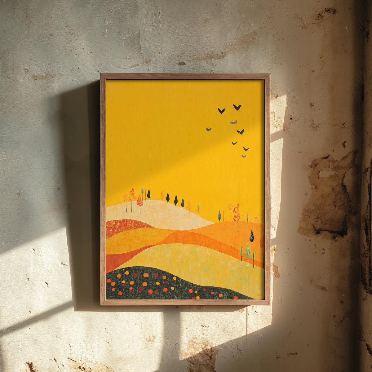 Rolling Hills Landscape Art Print - Butterfly Meadow Poster - Folk Art Painting - Dark Yellow 3/3