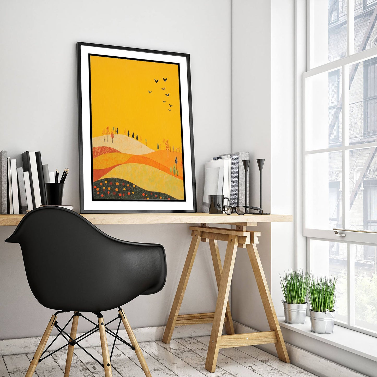 Rolling Hills Landscape Art Print - Butterfly Meadow Poster - Folk Art Painting - Dark Yellow 3/3