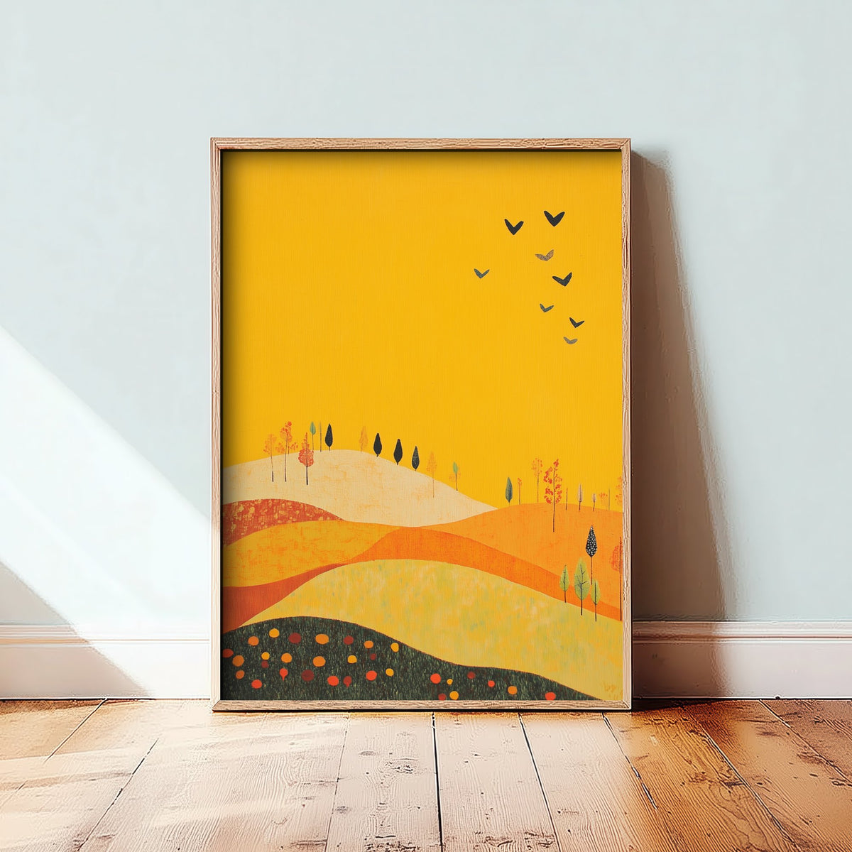 Rolling Hills Landscape Art Print - Butterfly Meadow Poster - Folk Art Painting - Dark Yellow 3/3