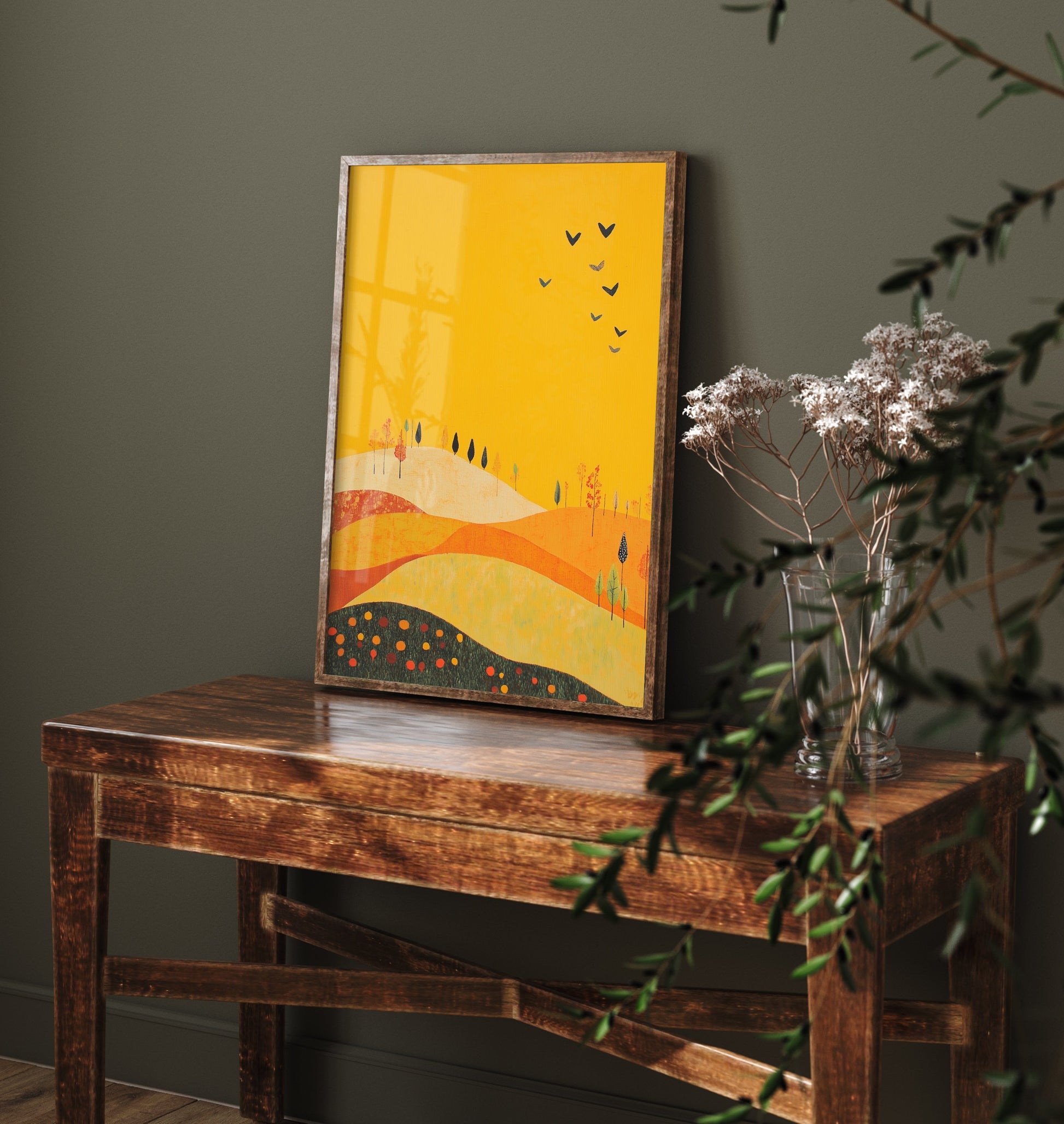 Rolling Hills Landscape Art Print - Butterfly Meadow Poster - Folk Art Painting - Dark Yellow 3/3