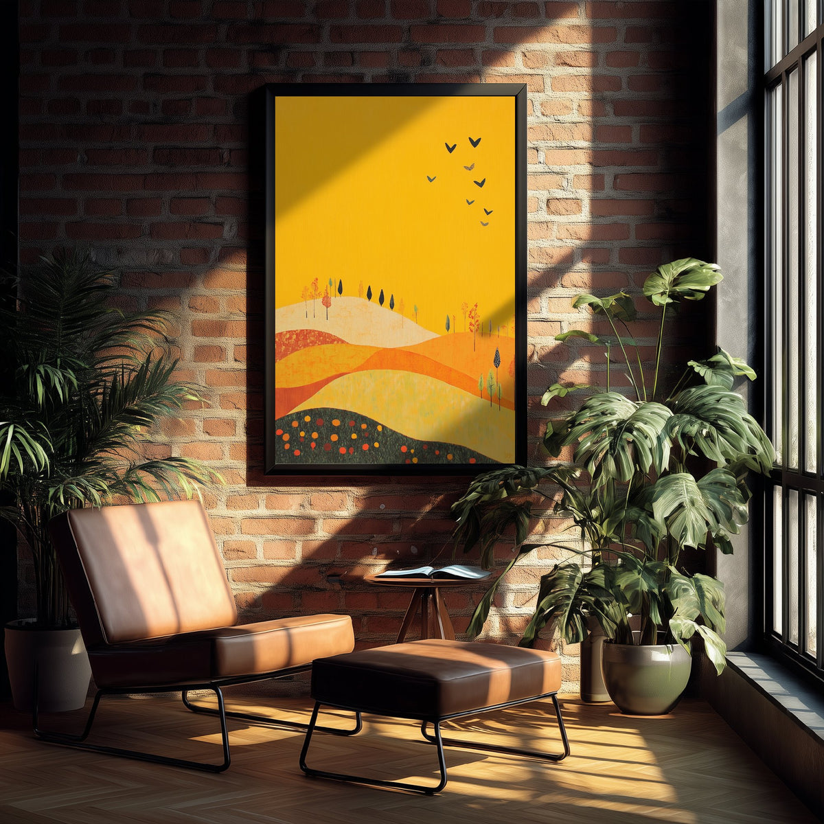 Rolling Hills Landscape Art Print - Butterfly Meadow Poster - Folk Art Painting - Dark Yellow 3/3