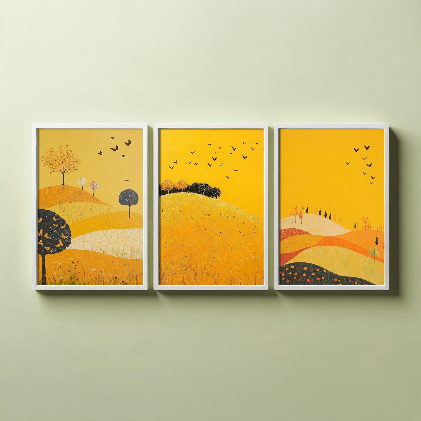 Rolling Hills Butterfly Set of Three Art Prints - Dark Yellow - Folk Meadow Poster Illustration Gift