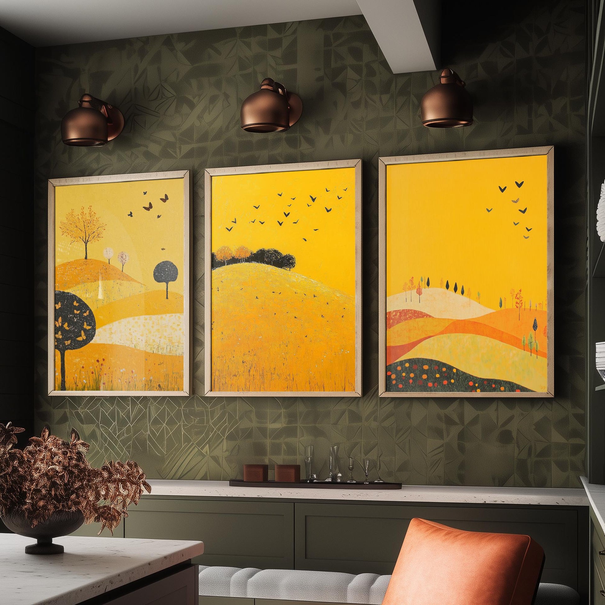 Rolling Hills Butterfly Set of Three Art Prints - Dark Yellow - Folk Meadow Poster Illustration Gift