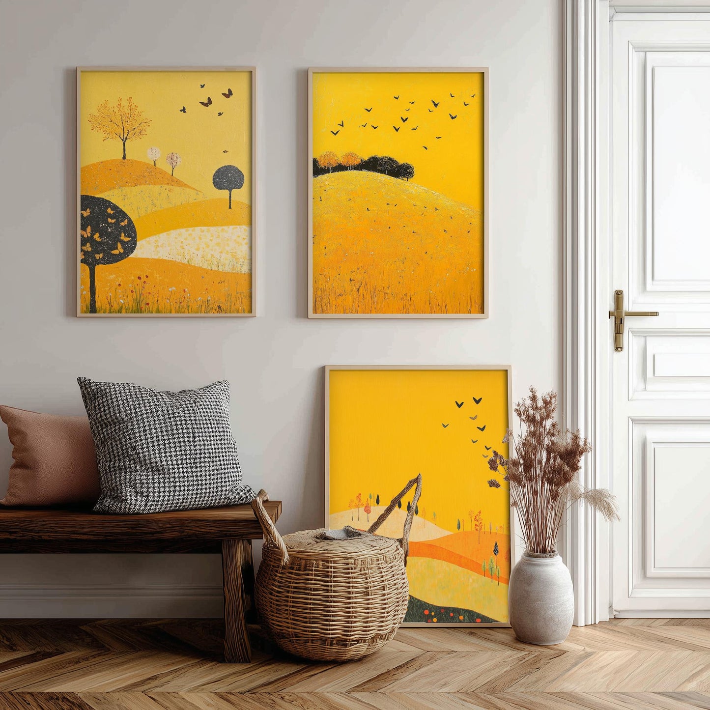 Rolling Hills Butterfly Set of Three Art Prints - Dark Yellow - Folk Meadow Poster Illustration Gift