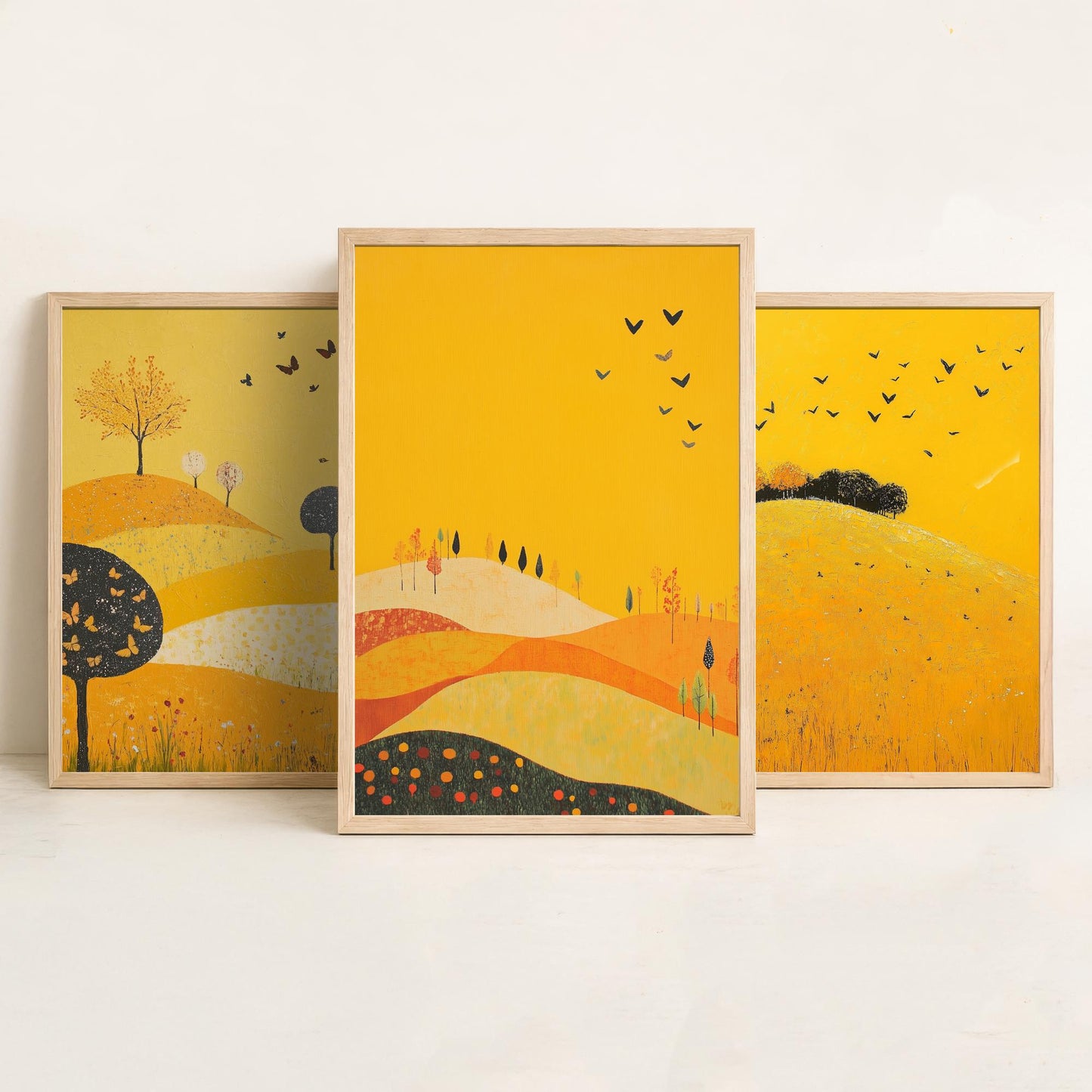 Rolling Hills Butterfly Set of Three Art Prints - Dark Yellow - Folk Meadow Poster Illustration Gift
