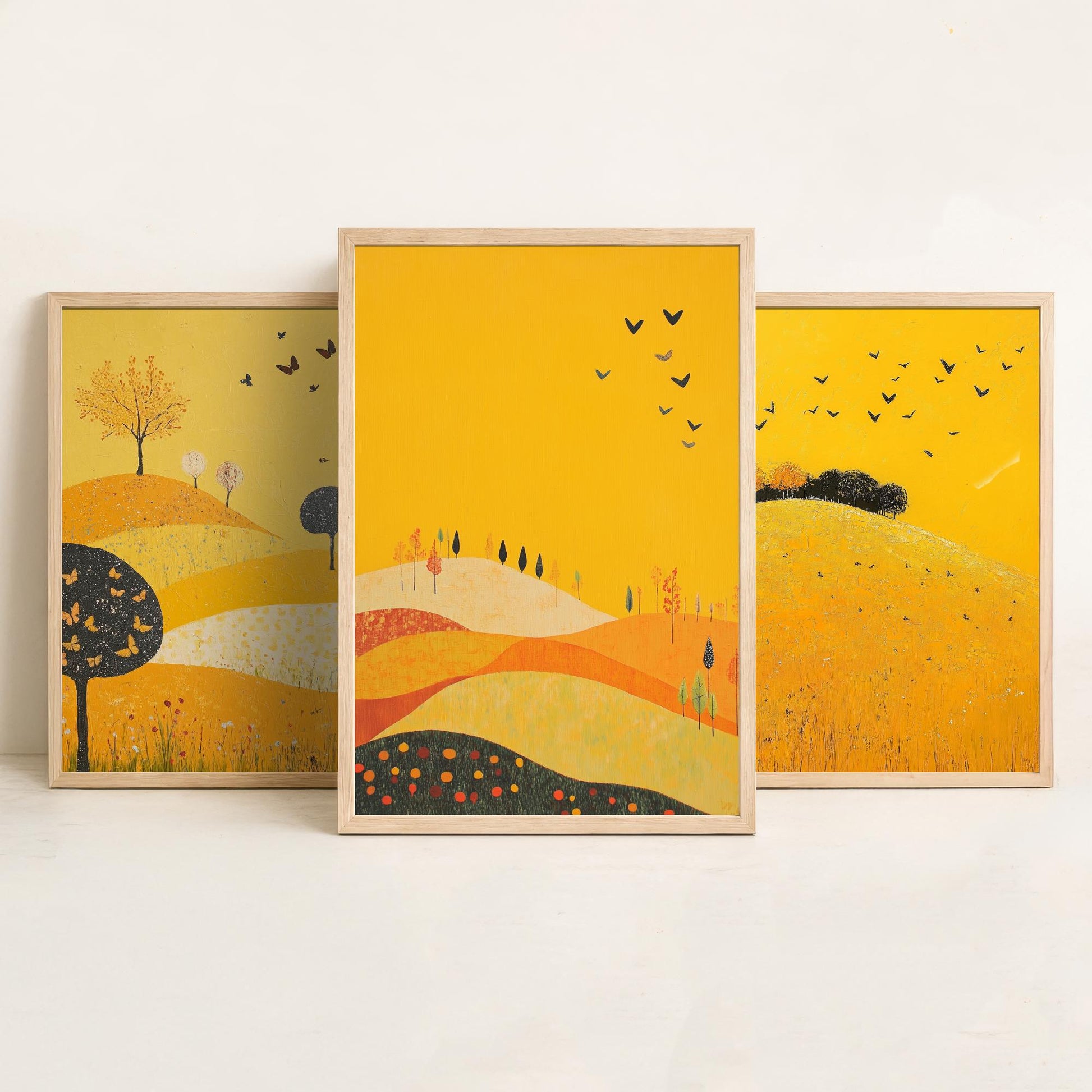 Rolling Hills Butterfly Set of Three Art Prints - Dark Yellow - Folk Meadow Poster Illustration Gift