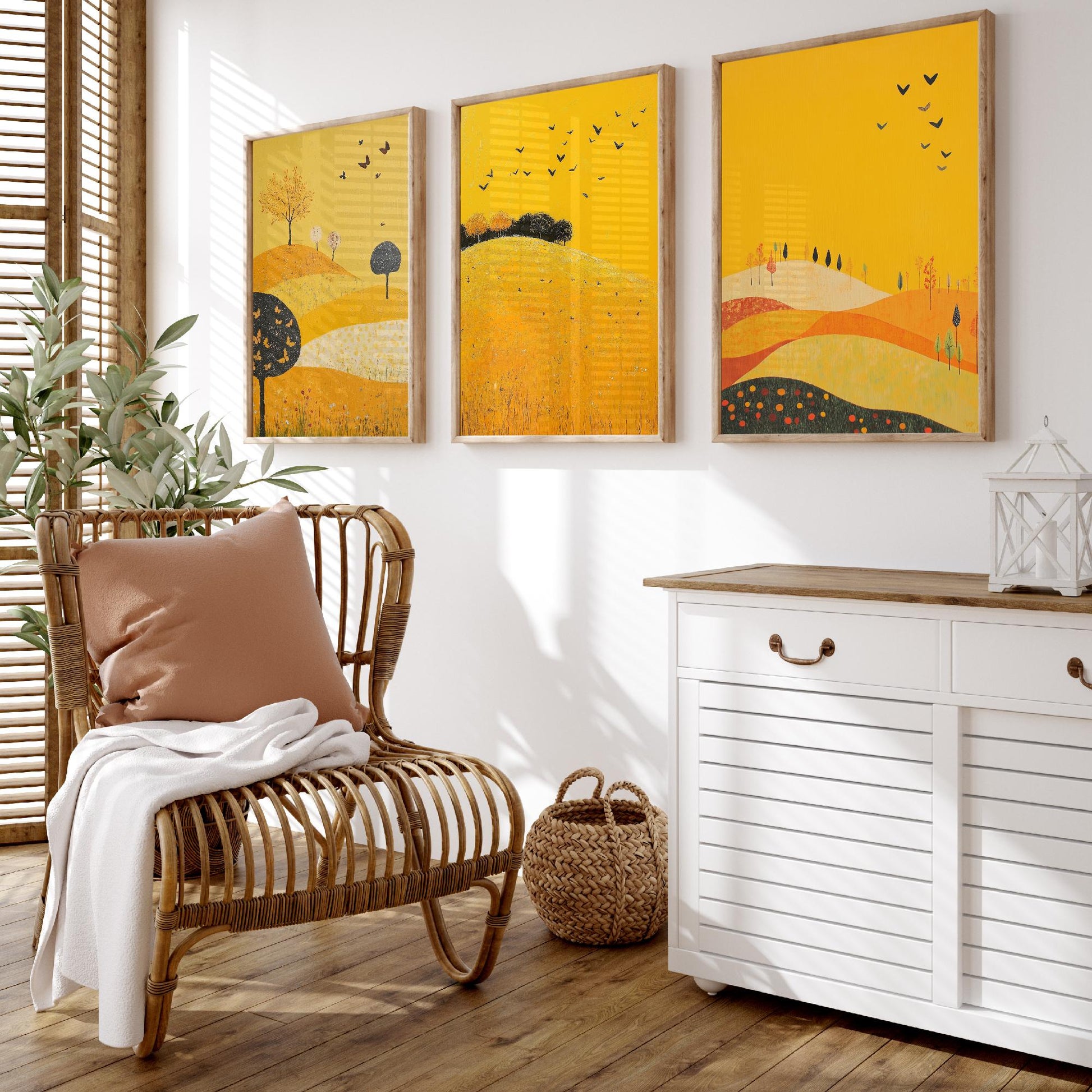 Rolling Hills Butterfly Set of Three Art Prints - Dark Yellow - Folk Meadow Poster Illustration Gift