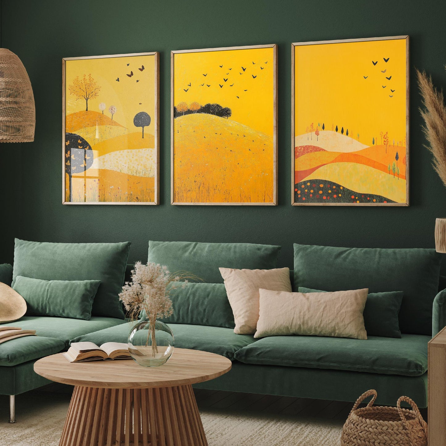 Rolling Hills Butterfly Set of Three Art Prints - Dark Yellow - Folk Meadow Poster Illustration Gift