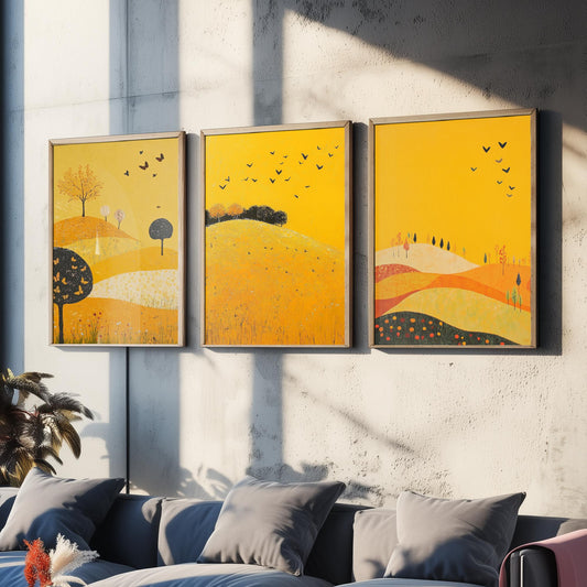 Rolling Hills Butterfly Set of Three Art Prints - Dark Yellow - Folk Meadow Poster Illustration Gift