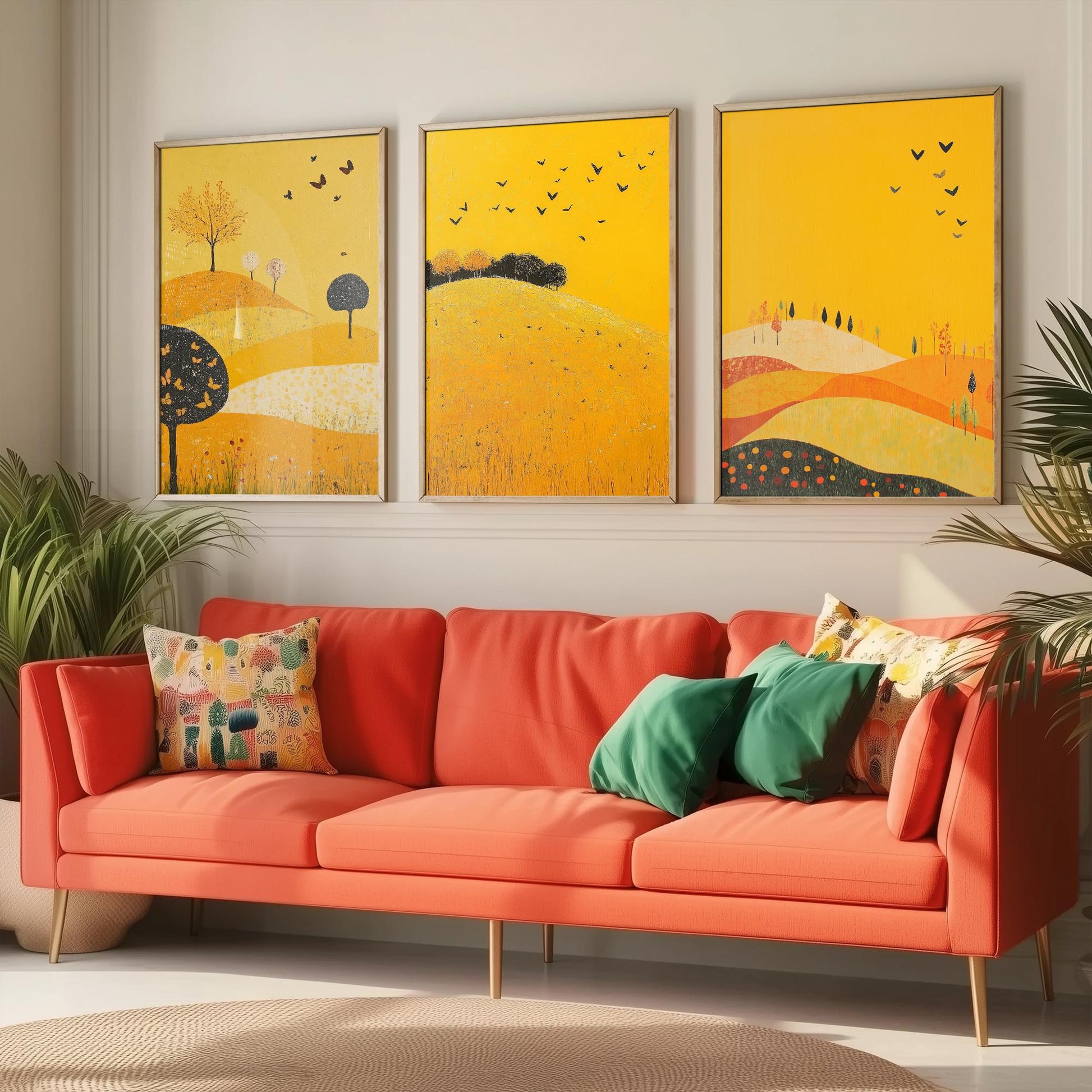 Rolling Hills Butterfly Set of Three Art Prints - Dark Yellow - Folk Meadow Poster Illustration Gift