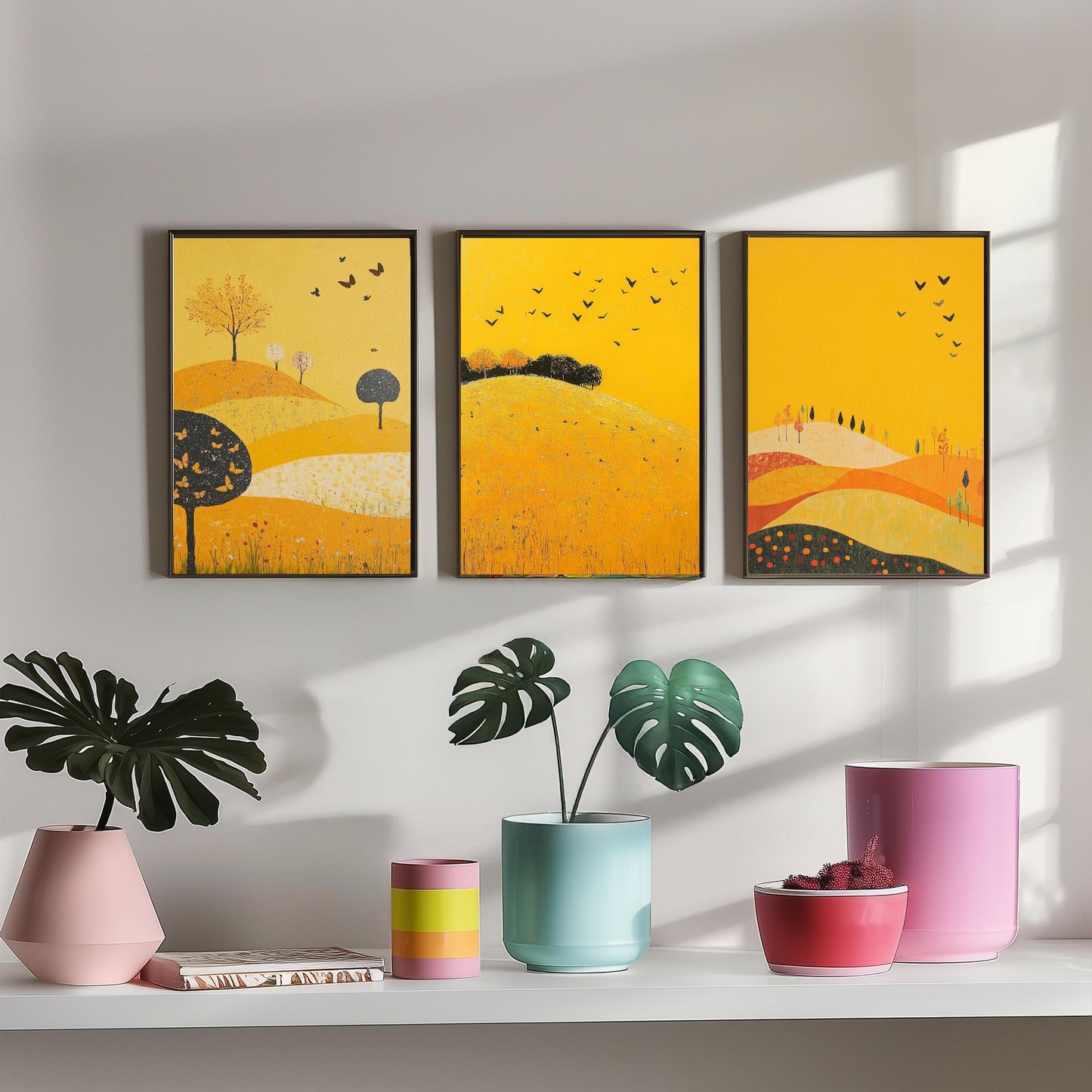 Rolling Hills Butterfly Set of Three Art Prints - Dark Yellow - Folk Meadow Poster Illustration Gift