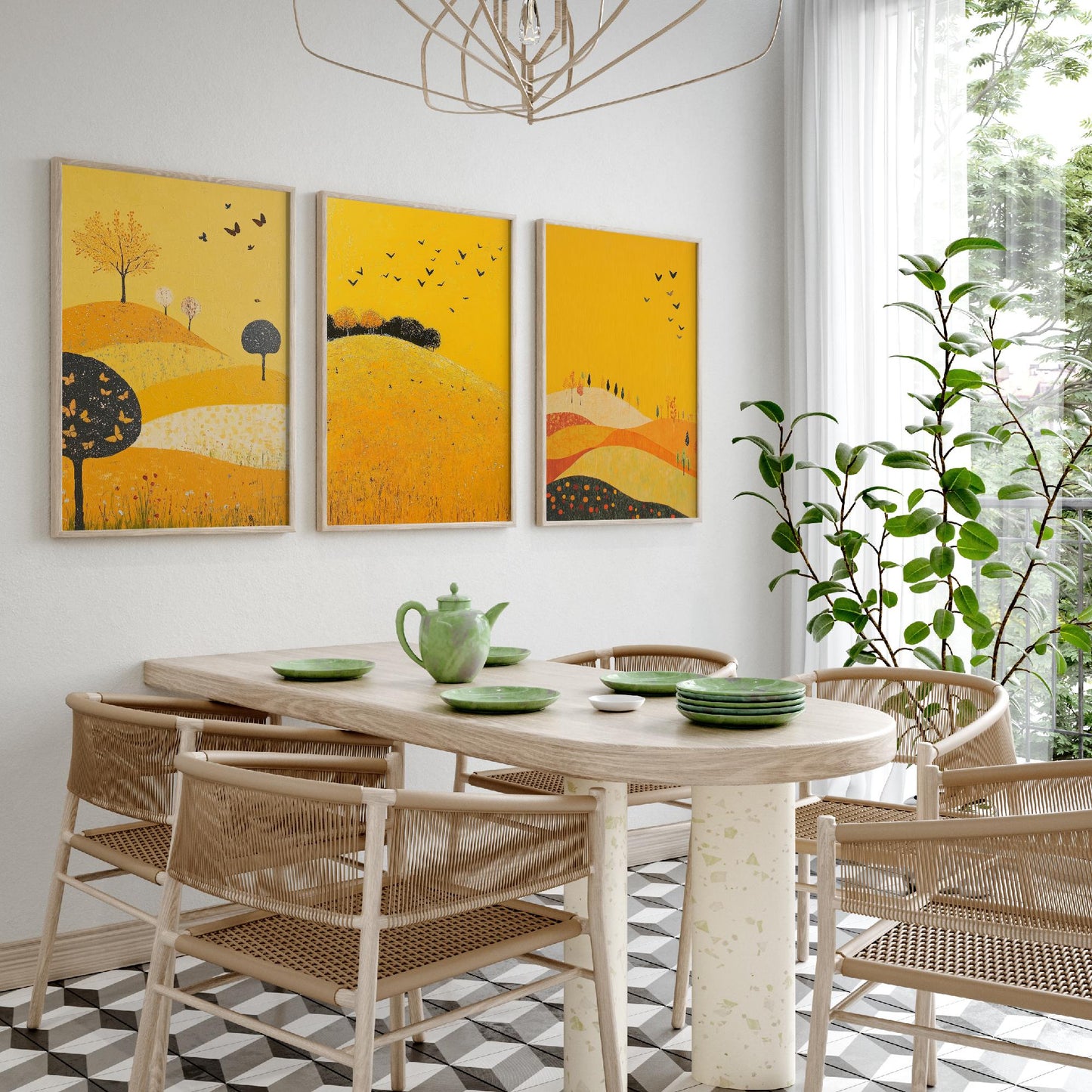 Rolling Hills Butterfly Set of Three Art Prints - Dark Yellow - Folk Meadow Poster Illustration Gift