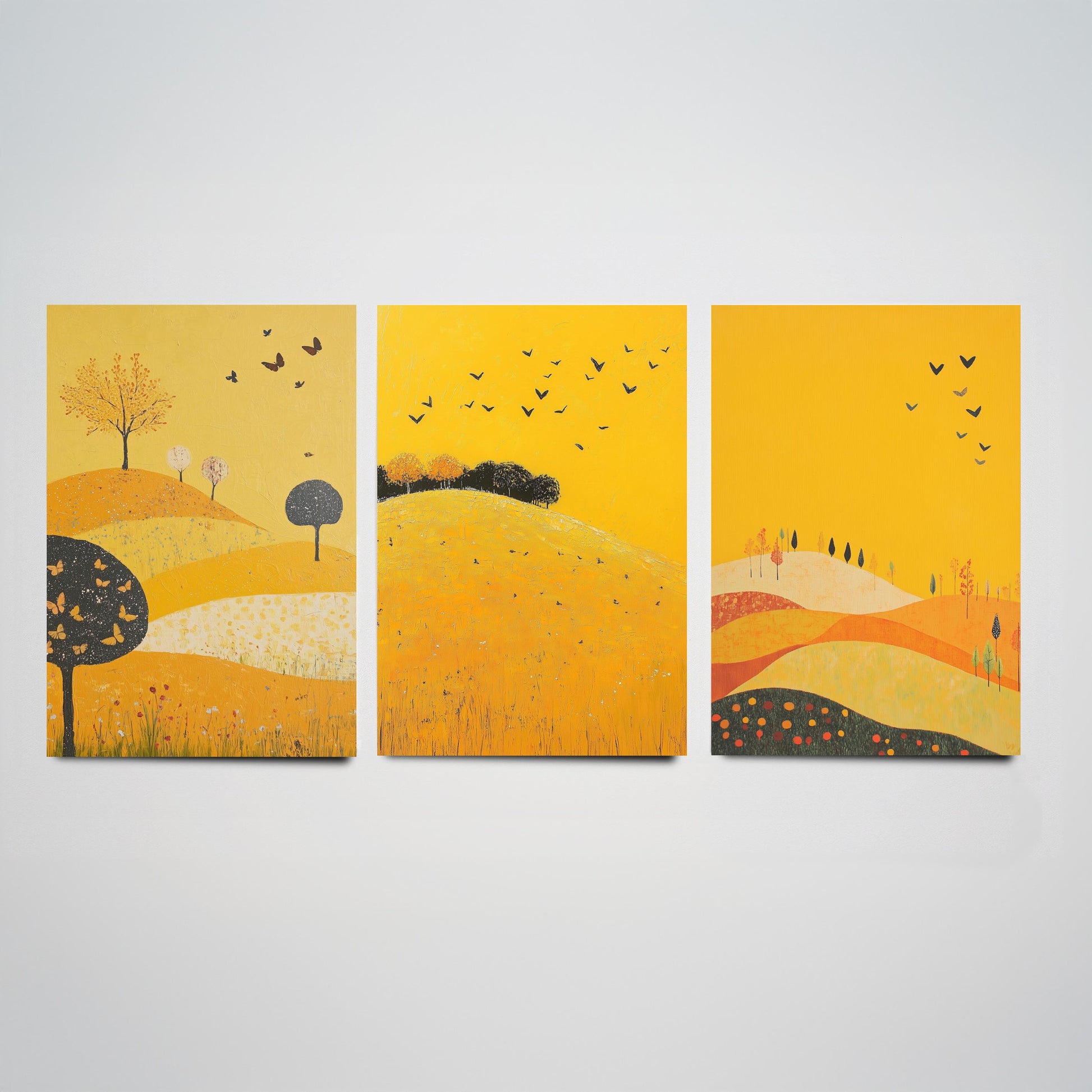Rolling Hills Butterfly Set of Three Art Prints - Dark Yellow - Folk Meadow Poster Illustration Gift