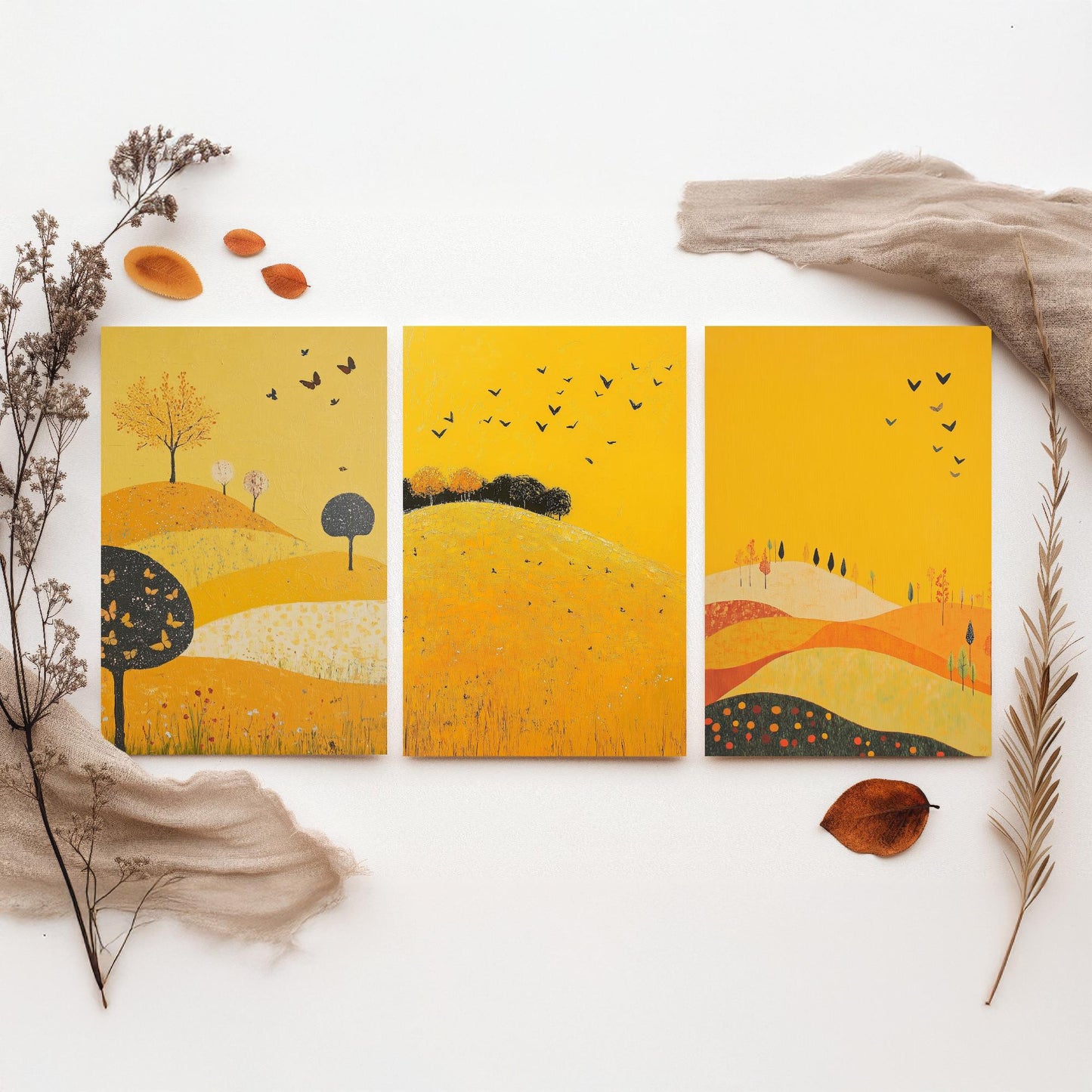 Rolling Hills Butterfly Set of Three Art Prints - Dark Yellow - Folk Meadow Poster Illustration Gift