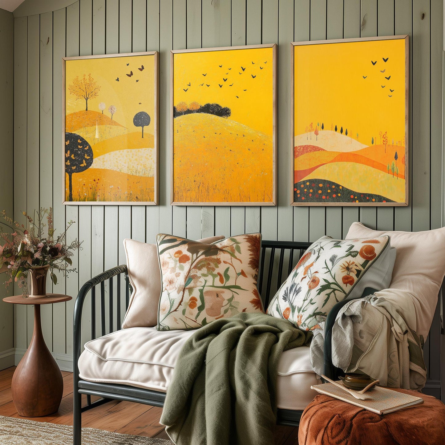 Rolling Hills Butterfly Set of Three Art Prints - Dark Yellow - Folk Meadow Poster Illustration Gift