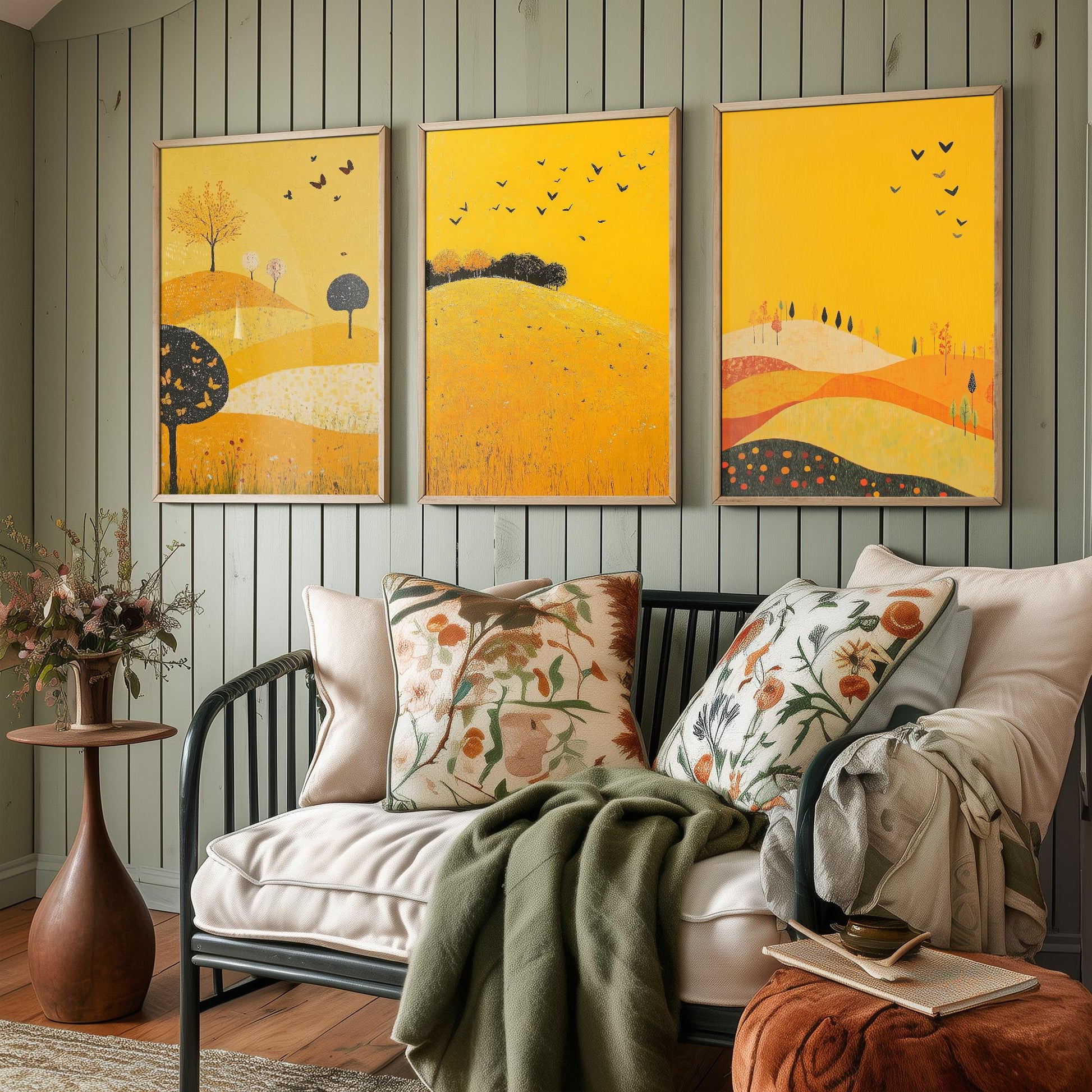 Rolling Hills Butterfly Set of Three Art Prints - Dark Yellow - Folk Meadow Poster Illustration Gift