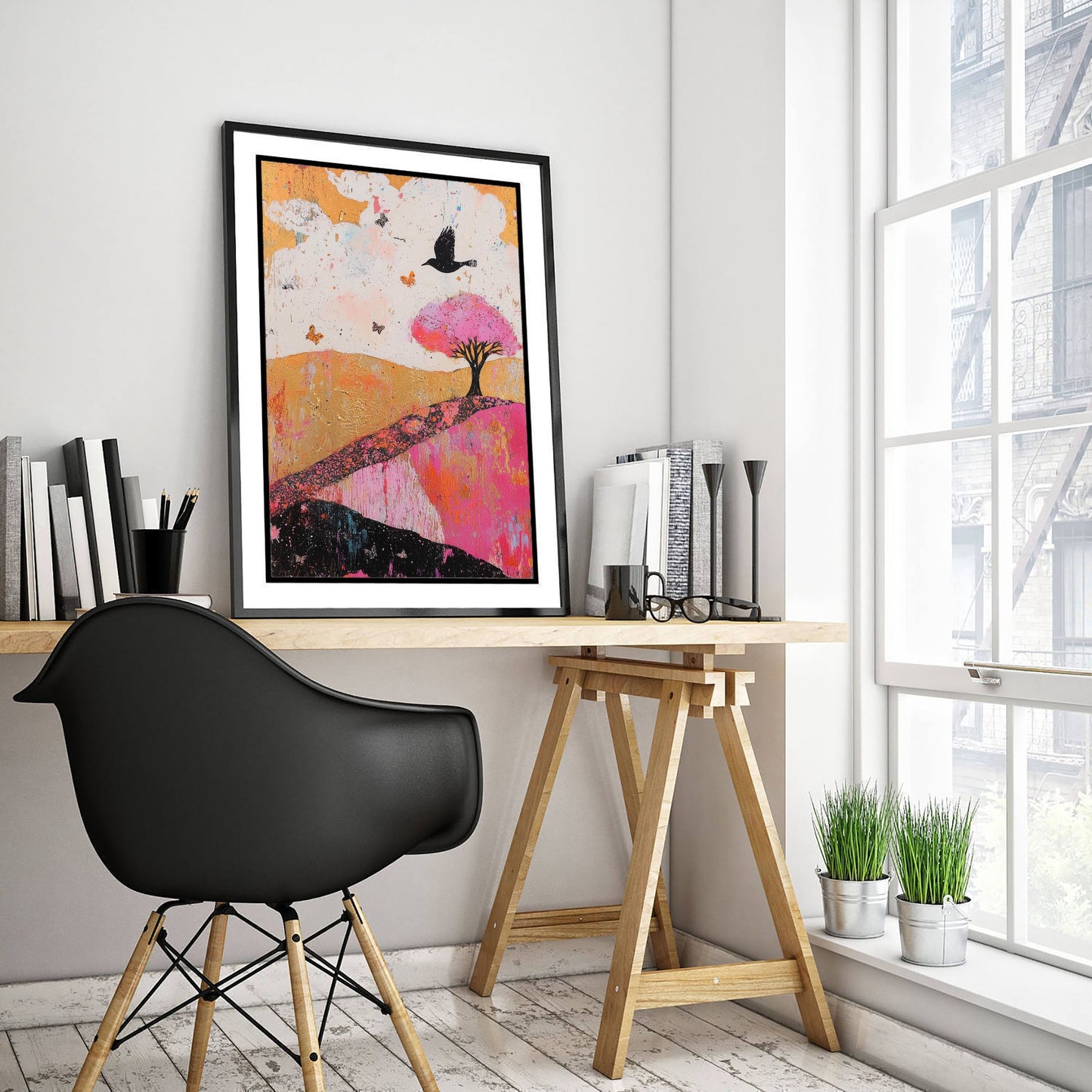 Rolling Hills Landscape Art Print - Butterfly Meadow Poster - Folk Art Painting - Fuchsia Taupe and Jet 1/3