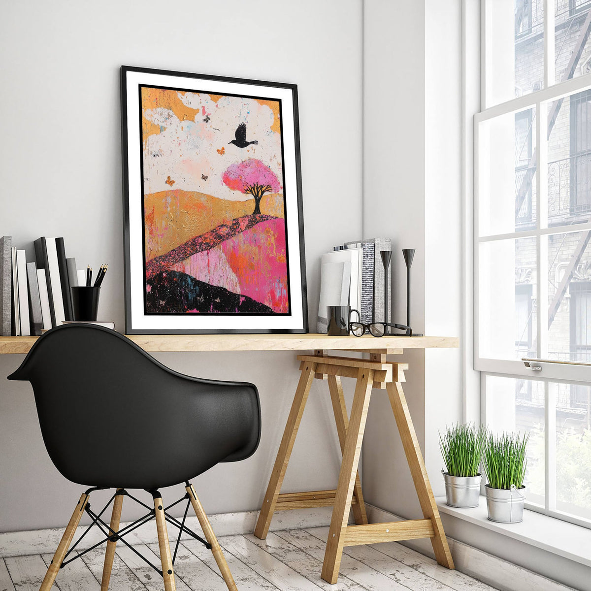 Rolling Hills Landscape Art Print - Butterfly Meadow Poster - Folk Art Painting - Fuchsia Taupe and Jet 1/3