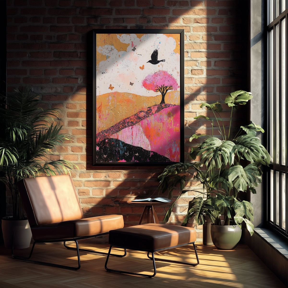 Rolling Hills Landscape Art Print - Butterfly Meadow Poster - Folk Art Painting - Fuchsia Taupe and Jet 1/3