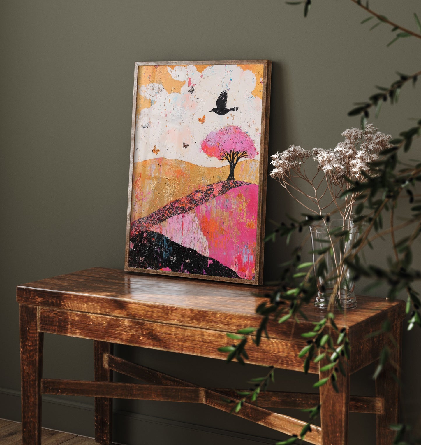 Rolling Hills Landscape Art Print - Butterfly Meadow Poster - Folk Art Painting - Fuchsia Taupe and Jet 1/3