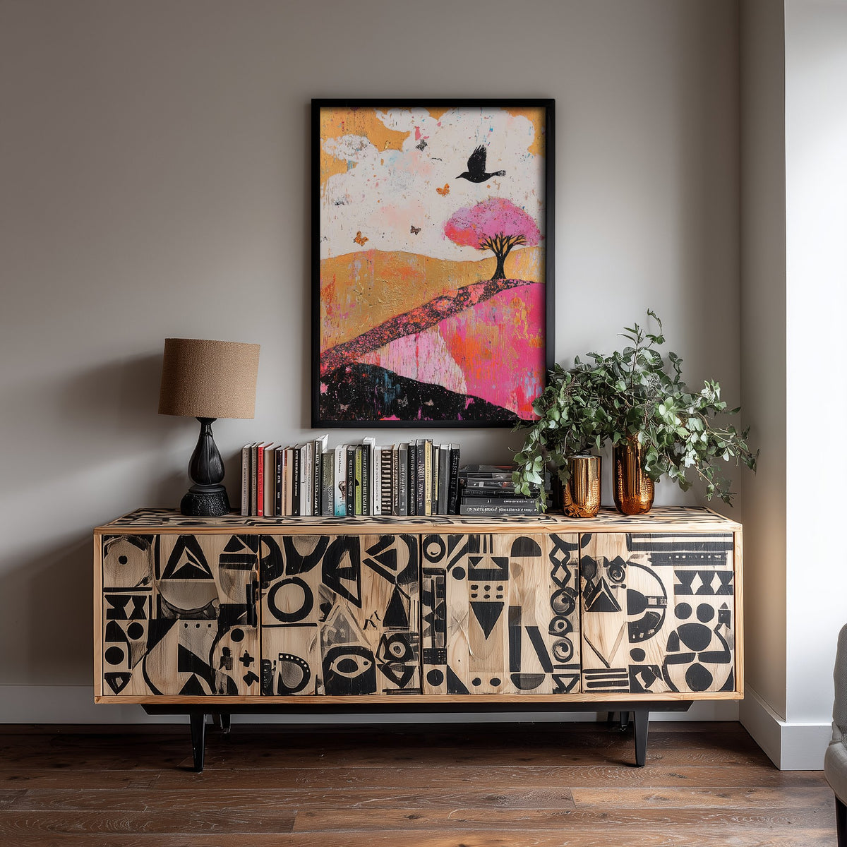 Rolling Hills Landscape Art Print - Butterfly Meadow Poster - Folk Art Painting - Fuchsia Taupe and Jet 1/3