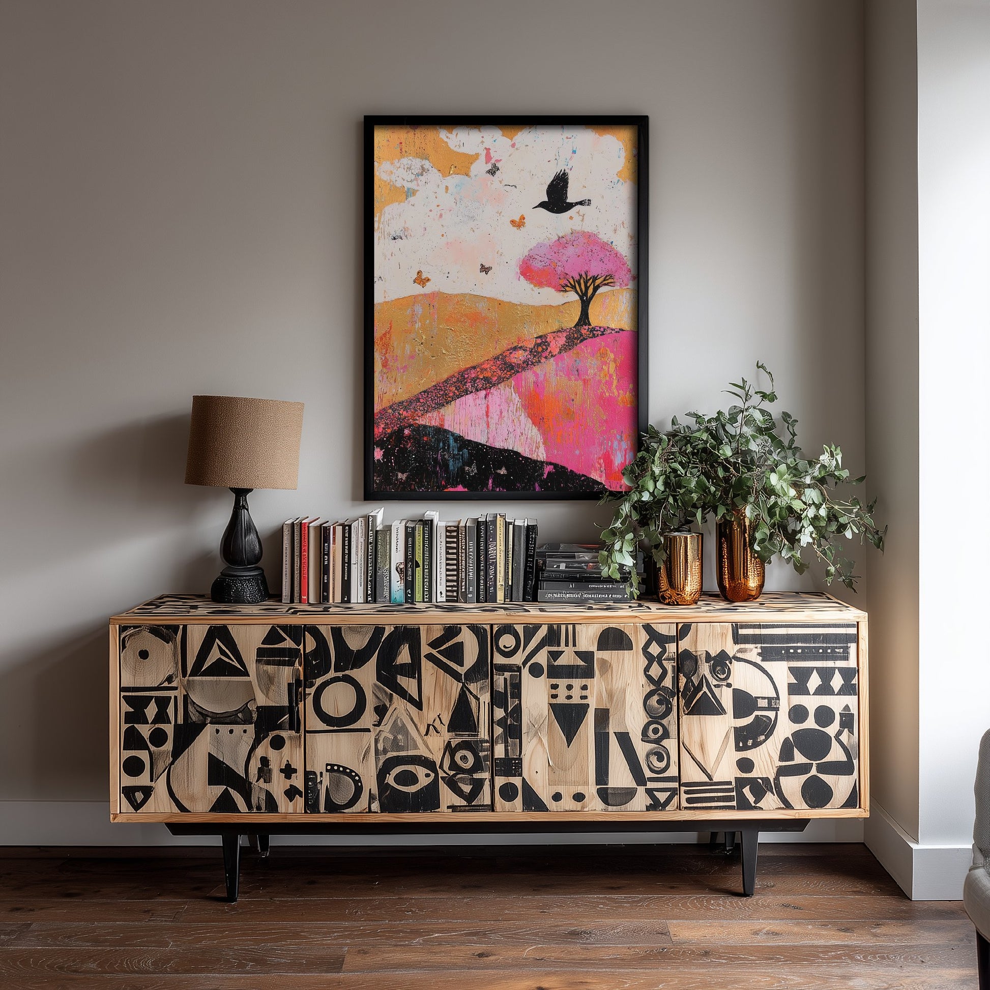 Rolling Hills Landscape Art Print - Butterfly Meadow Poster - Folk Art Painting - Fuchsia Taupe and Jet 1/3