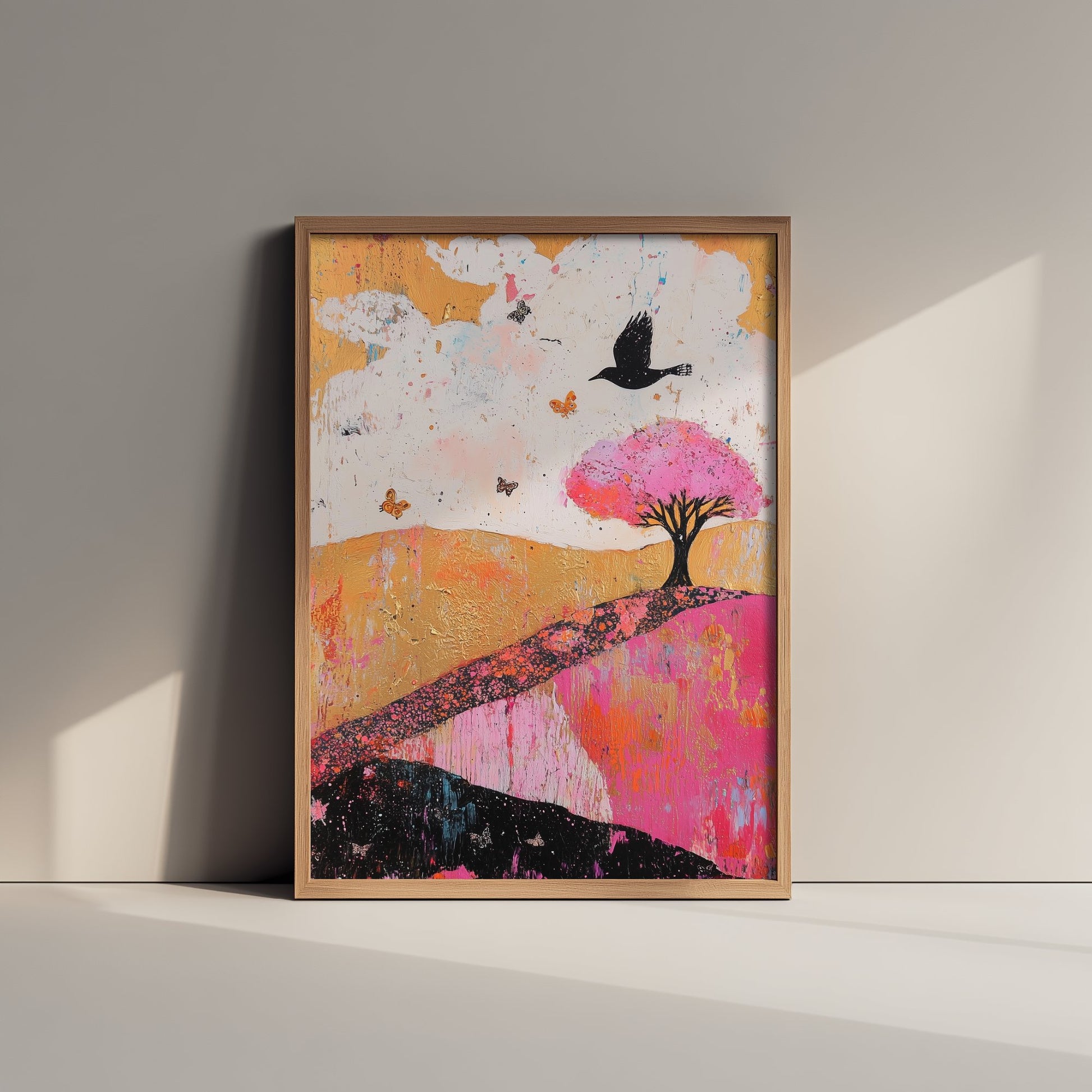 Rolling Hills Landscape Art Print - Butterfly Meadow Poster - Folk Art Painting - Fuchsia Taupe and Jet 1/3