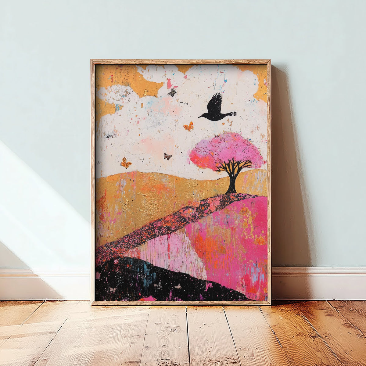 Rolling Hills Landscape Art Print - Butterfly Meadow Poster - Folk Art Painting - Fuchsia Taupe and Jet 1/3