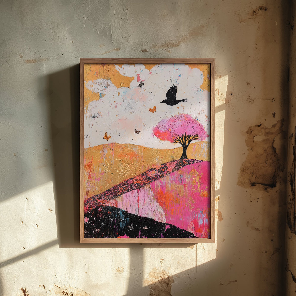 Rolling Hills Landscape Art Print - Butterfly Meadow Poster - Folk Art Painting - Fuchsia Taupe and Jet 1/3