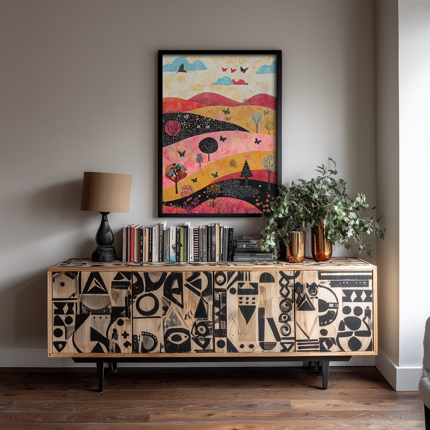 Rolling Hills Landscape Art Print - Butterfly Meadow Poster - Folk Art Painting - Fuchsia Taupe and Jet 2/3