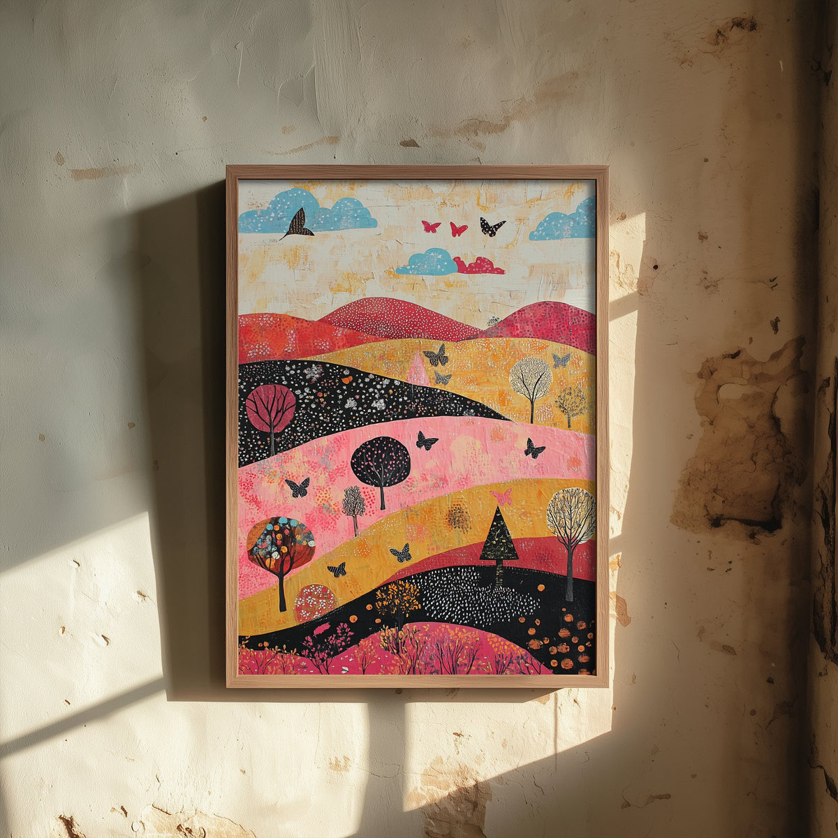 Rolling Hills Landscape Art Print - Butterfly Meadow Poster - Folk Art Painting - Fuchsia Taupe and Jet 2/3