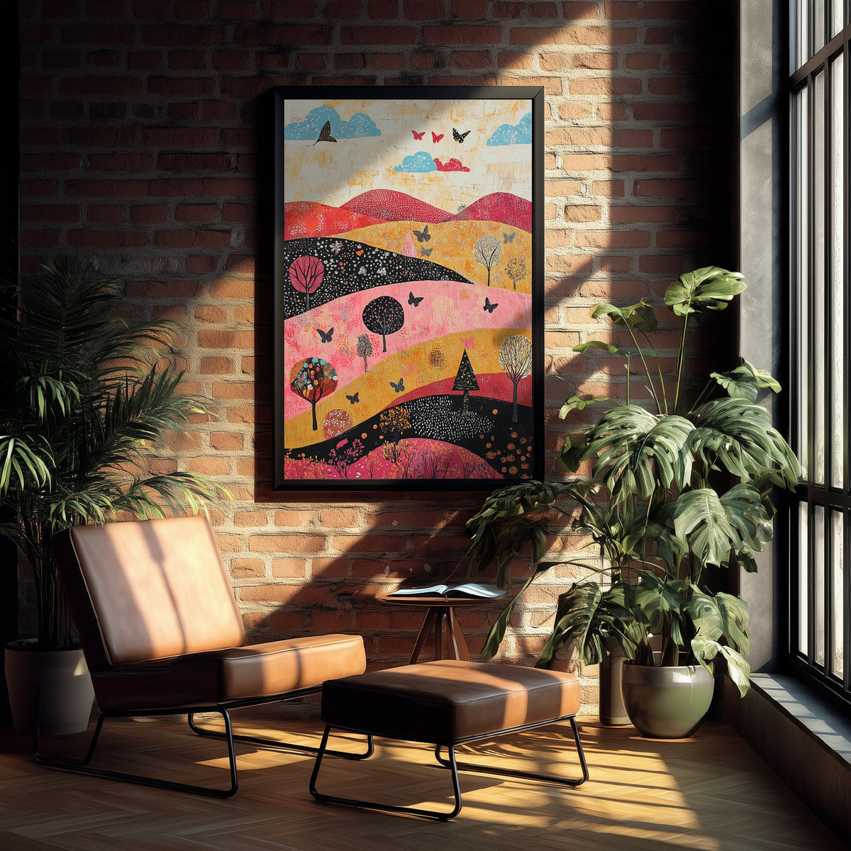 Rolling Hills Landscape Art Print - Butterfly Meadow Poster - Folk Art Painting - Fuchsia Taupe and Jet 2/3