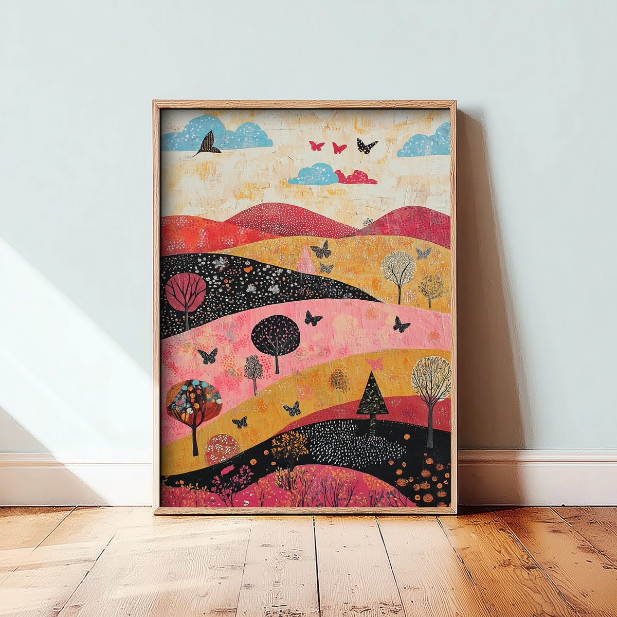 Rolling Hills Landscape Art Print - Butterfly Meadow Poster - Folk Art Painting - Fuchsia Taupe and Jet 2/3